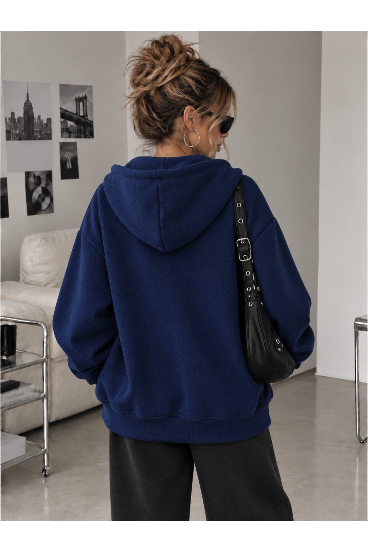 Tarz CoolSweatshirtSWTKPFRMS01GRXLKadın Oversize Kapüşonlu Fermuarlı Sweatshirt 3 İplik Şardonlu Cepli