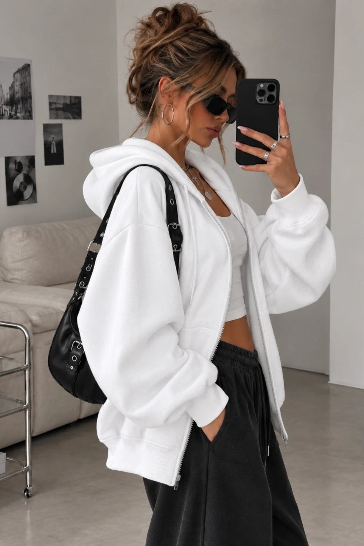 Tarz CoolSweatshirtSWTKPFRMS01GRXLKadın Oversize Kapüşonlu Fermuarlı Sweatshirt 3 İplik Şardonlu Cepli