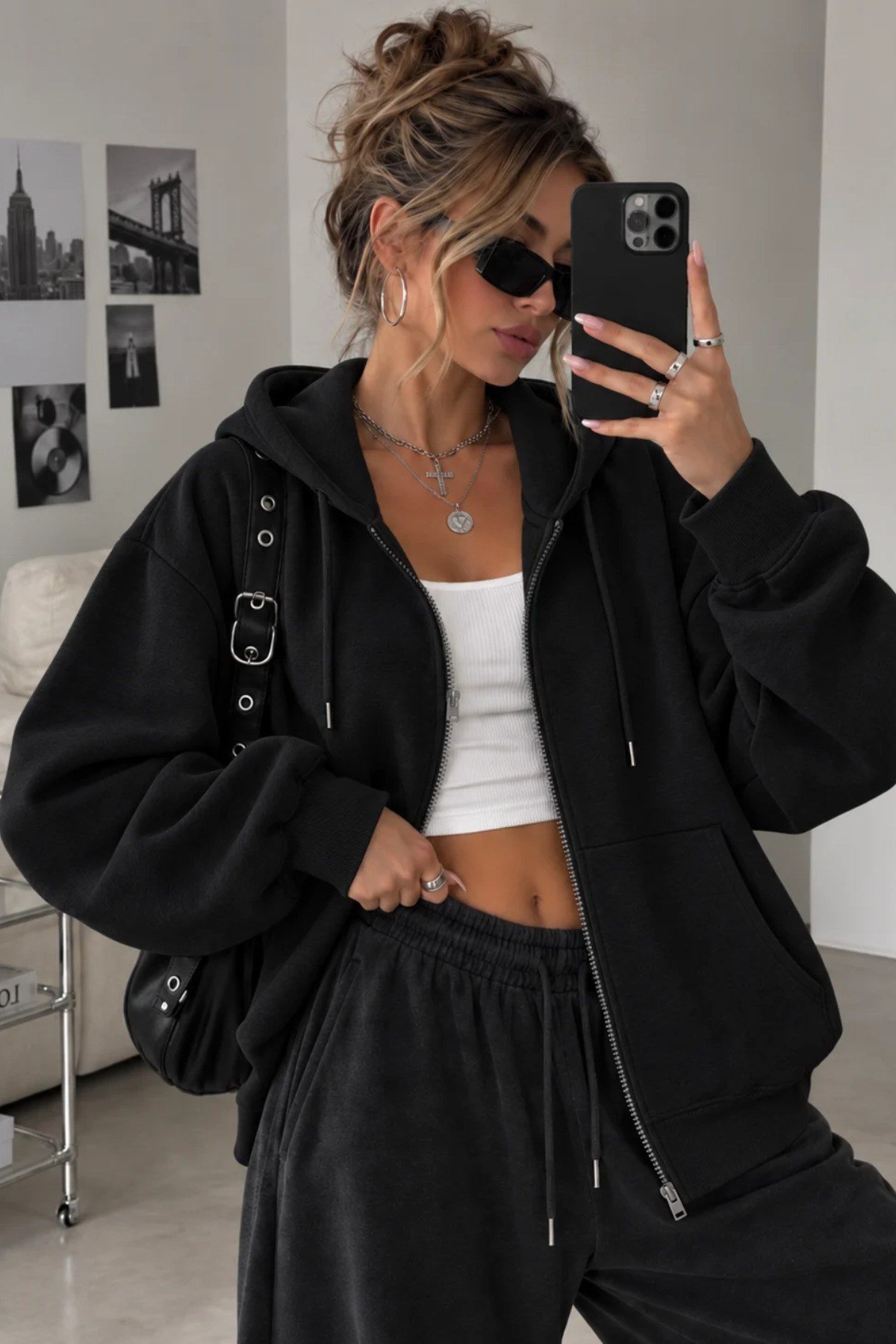Tarz CoolSweatshirtSWTKPFRMS01GRXLKadın Oversize Kapüşonlu Fermuarlı Sweatshirt 3 İplik Şardonlu Cepli