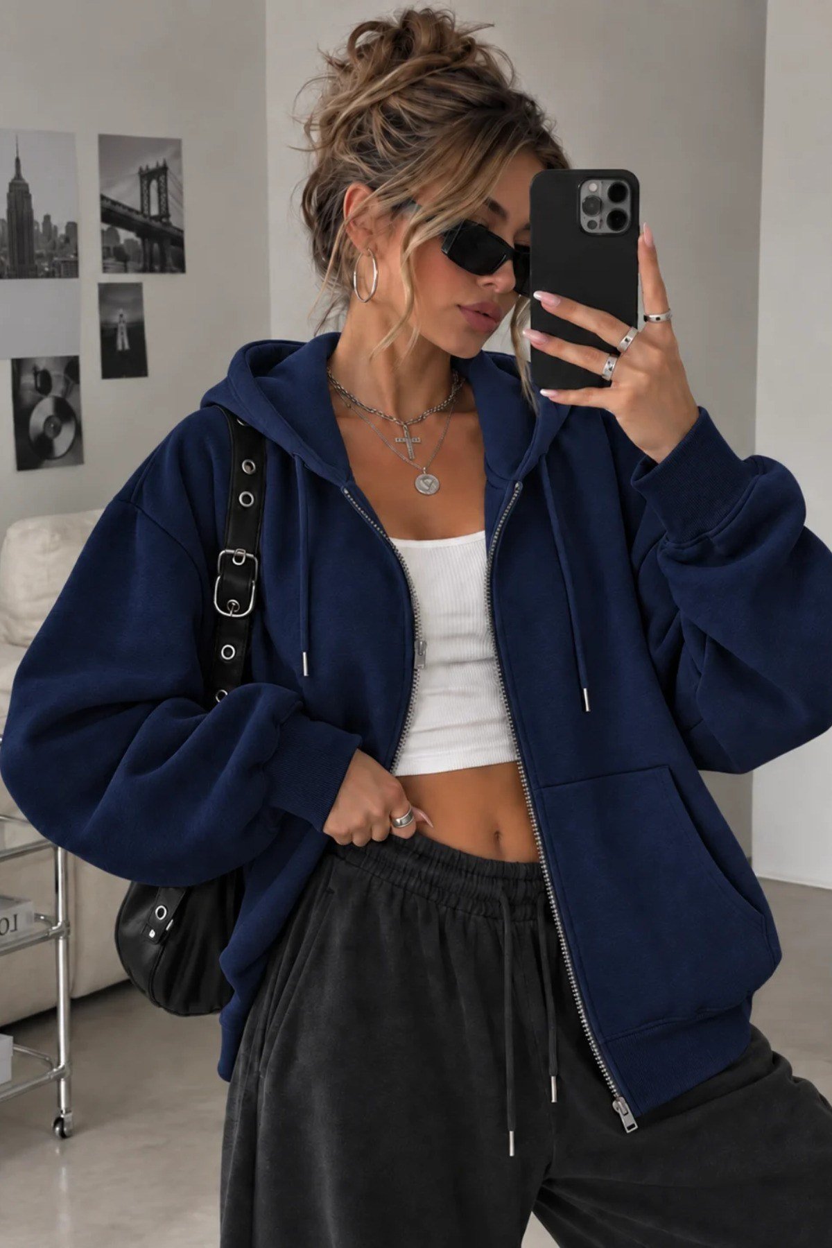Tarz CoolSweatshirtSWTKPFRMS01GRXLKadın Oversize Kapüşonlu Fermuarlı Sweatshirt 3 İplik Şardonlu Cepli