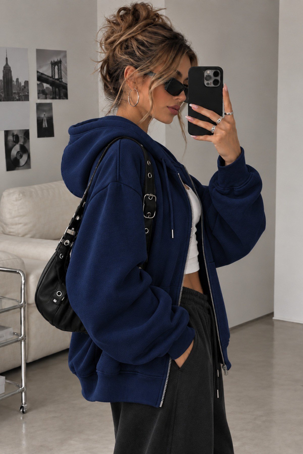 Tarz CoolSweatshirtSWTKPFRMS01GRXLKadın Oversize Kapüşonlu Fermuarlı Sweatshirt 3 İplik Şardonlu Cepli