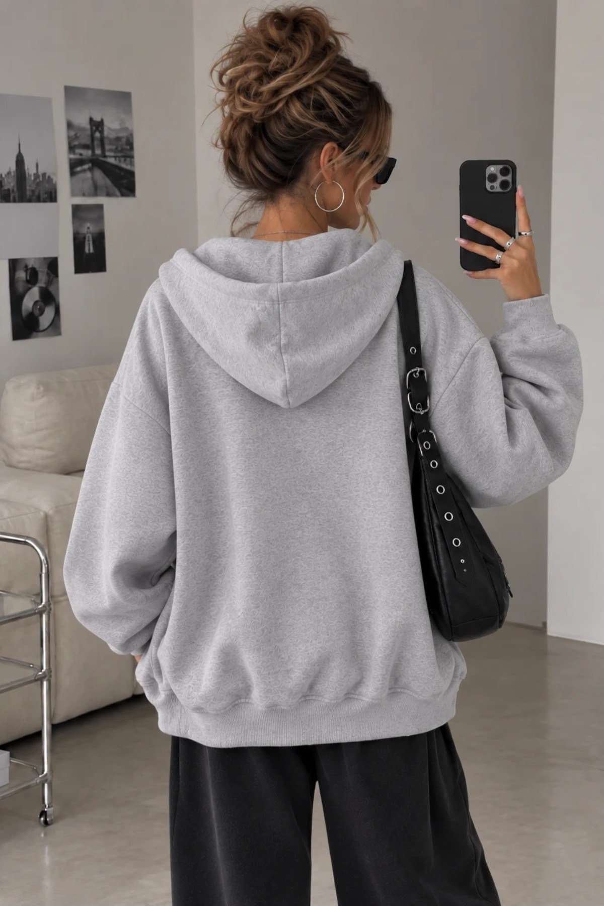 Tarz CoolSweatshirtSWTKPFRMS01GRXLKadın Oversize Kapüşonlu Fermuarlı Sweatshirt 3 İplik Şardonlu Cepli