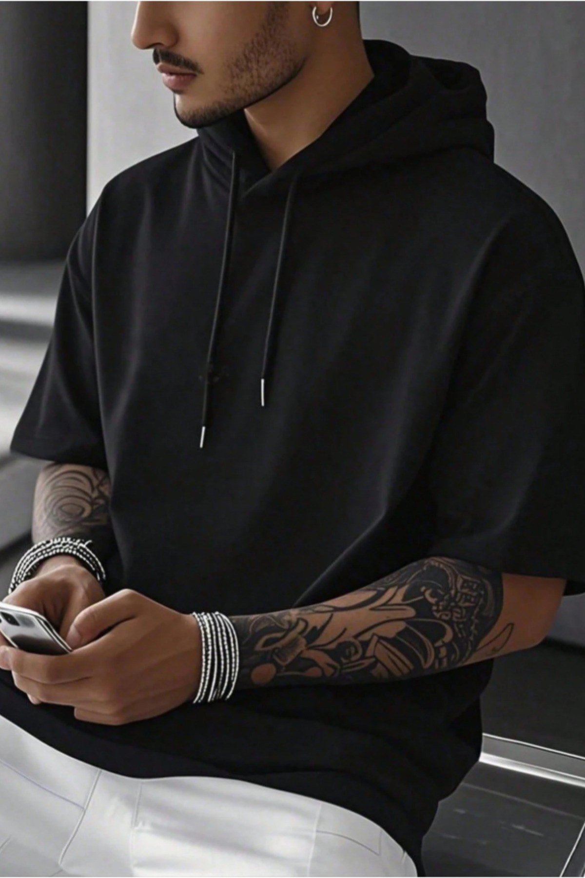 Tarz CoolSweatshirtTC-EKH-2602-Beyaz-SErkek Oversize Kısa Kollu Kapüşonlu Tişört Sweatshirt