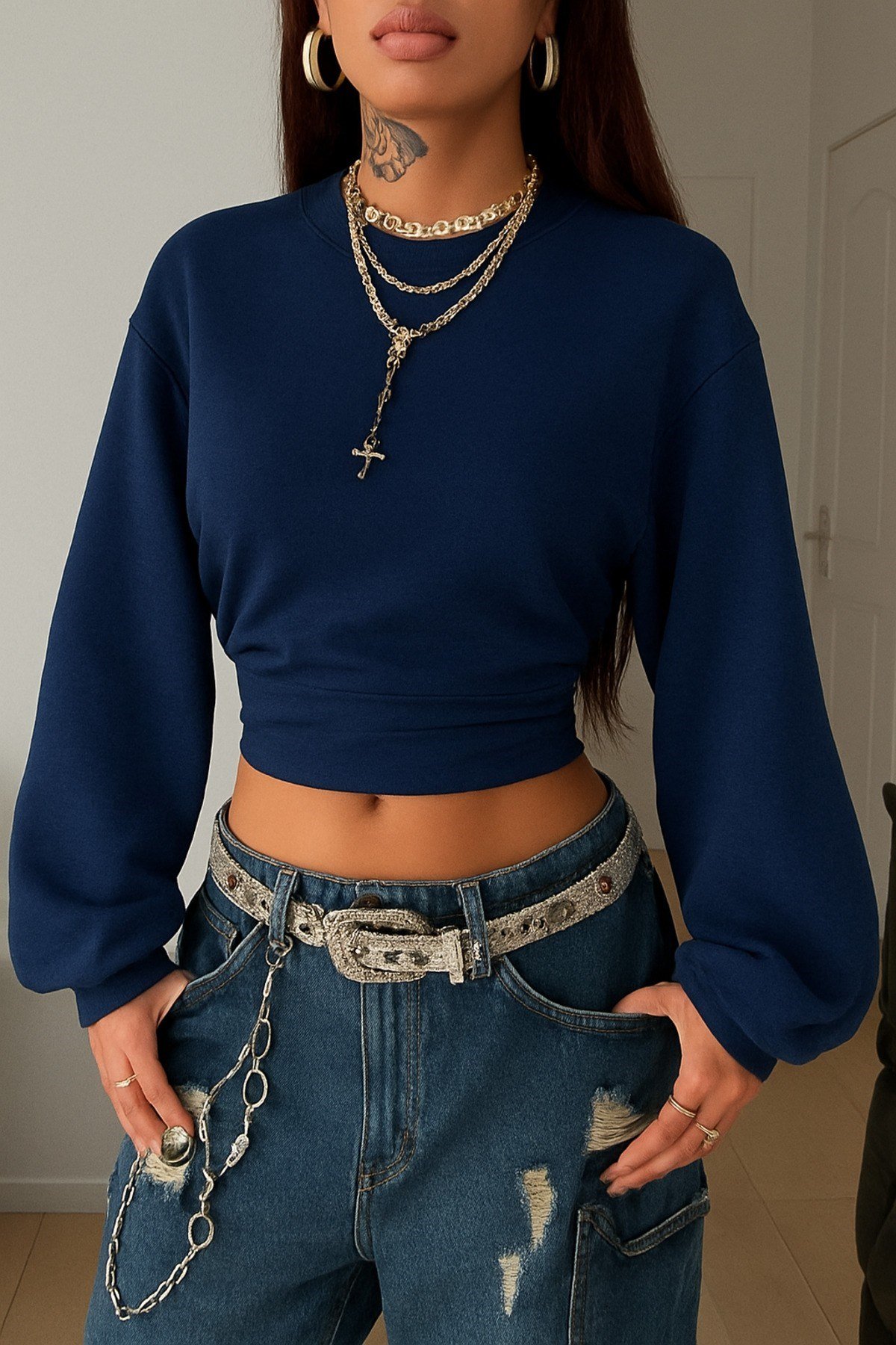 Tarz CoolSweatshirtTCKDNSW2İP05-GRİ-SKadın Bisiklet Yaka Belden Oturtmalı Tasarım Sweatshirt