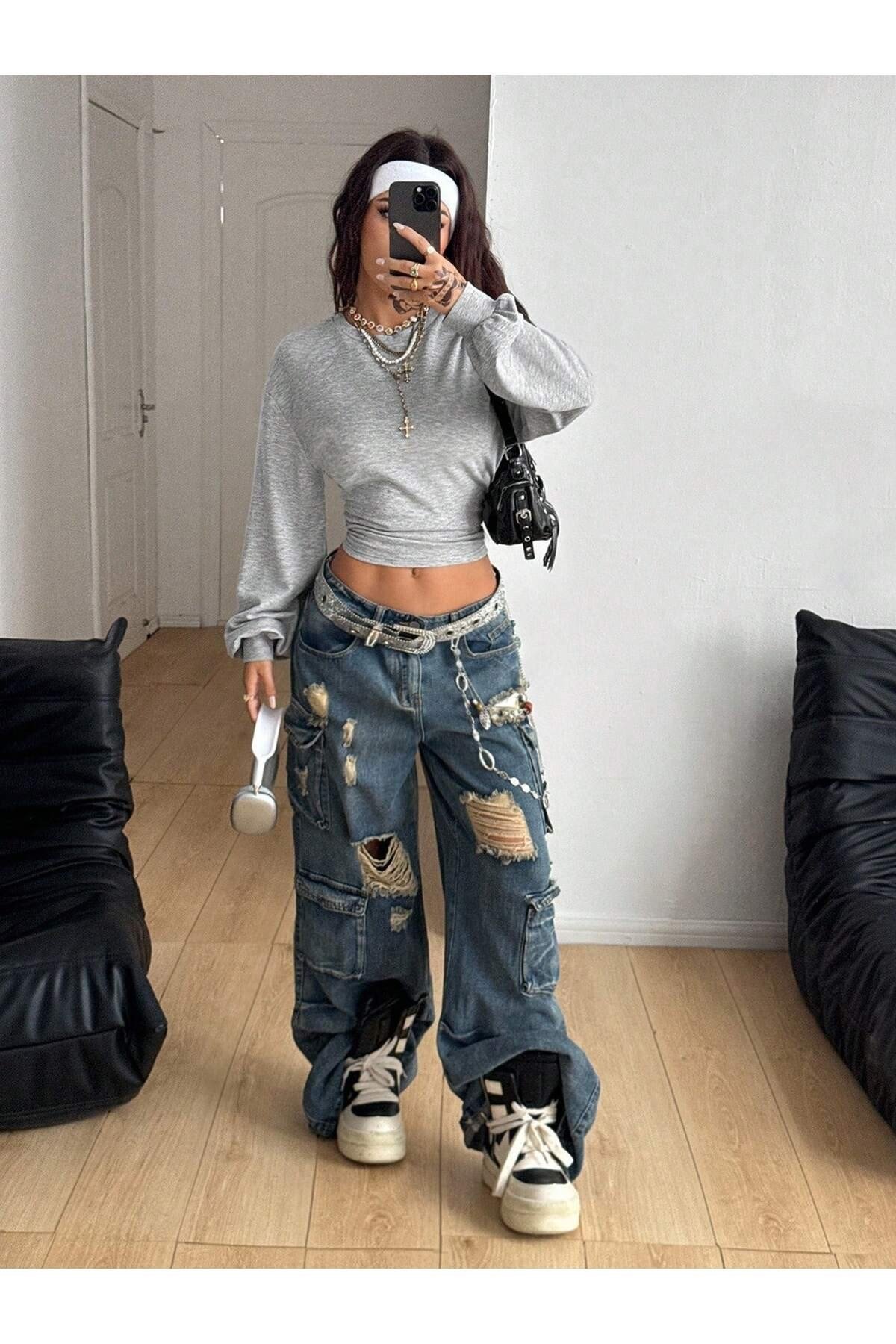 Tarz CoolSweatshirtTCKDNSW2İP05-GRİ-SKadın Bisiklet Yaka Belden Oturtmalı Tasarım Sweatshirt