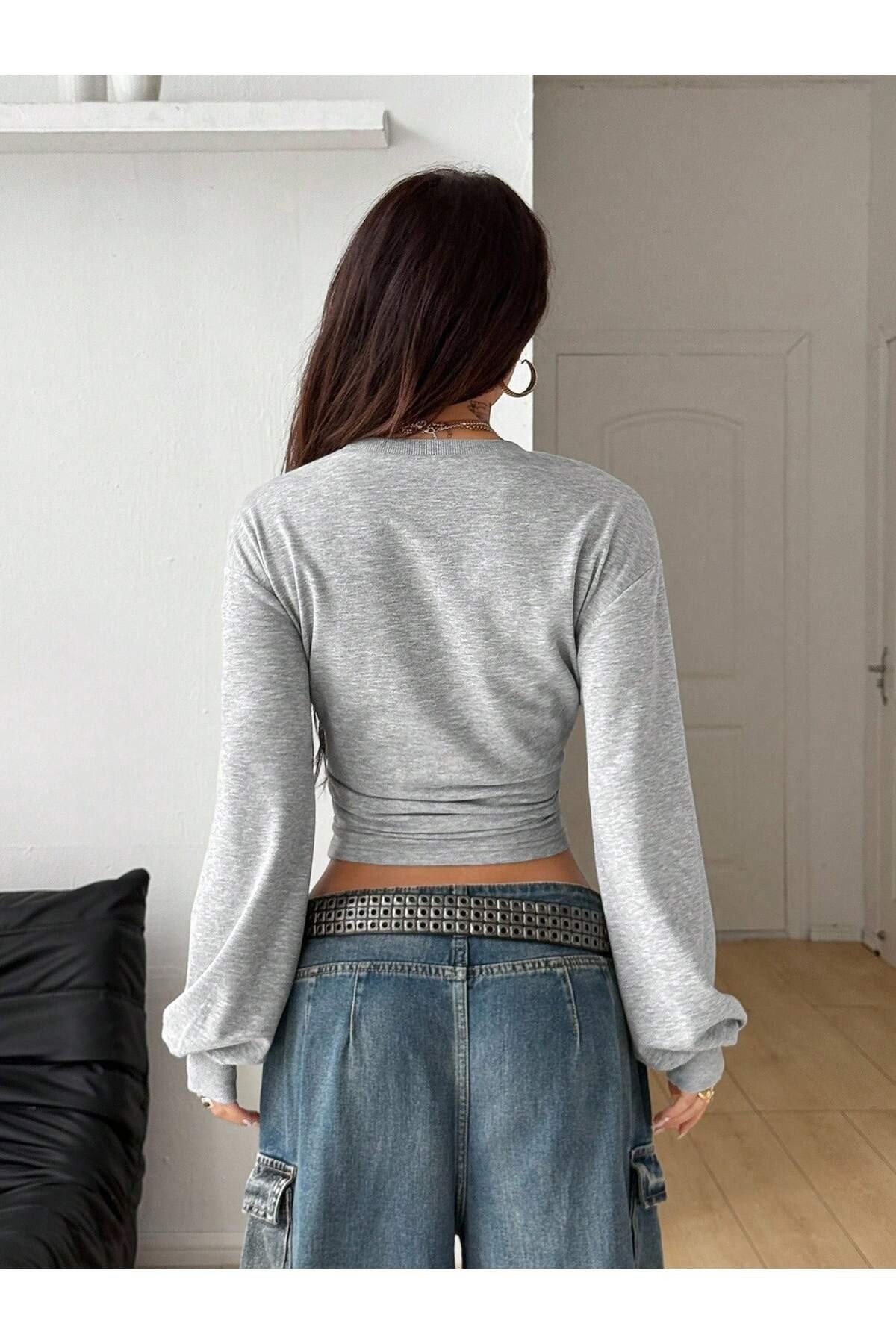 Tarz CoolSweatshirtTCKDNSW2İP05-GRİ-SKadın Bisiklet Yaka Belden Oturtmalı Tasarım Sweatshirt