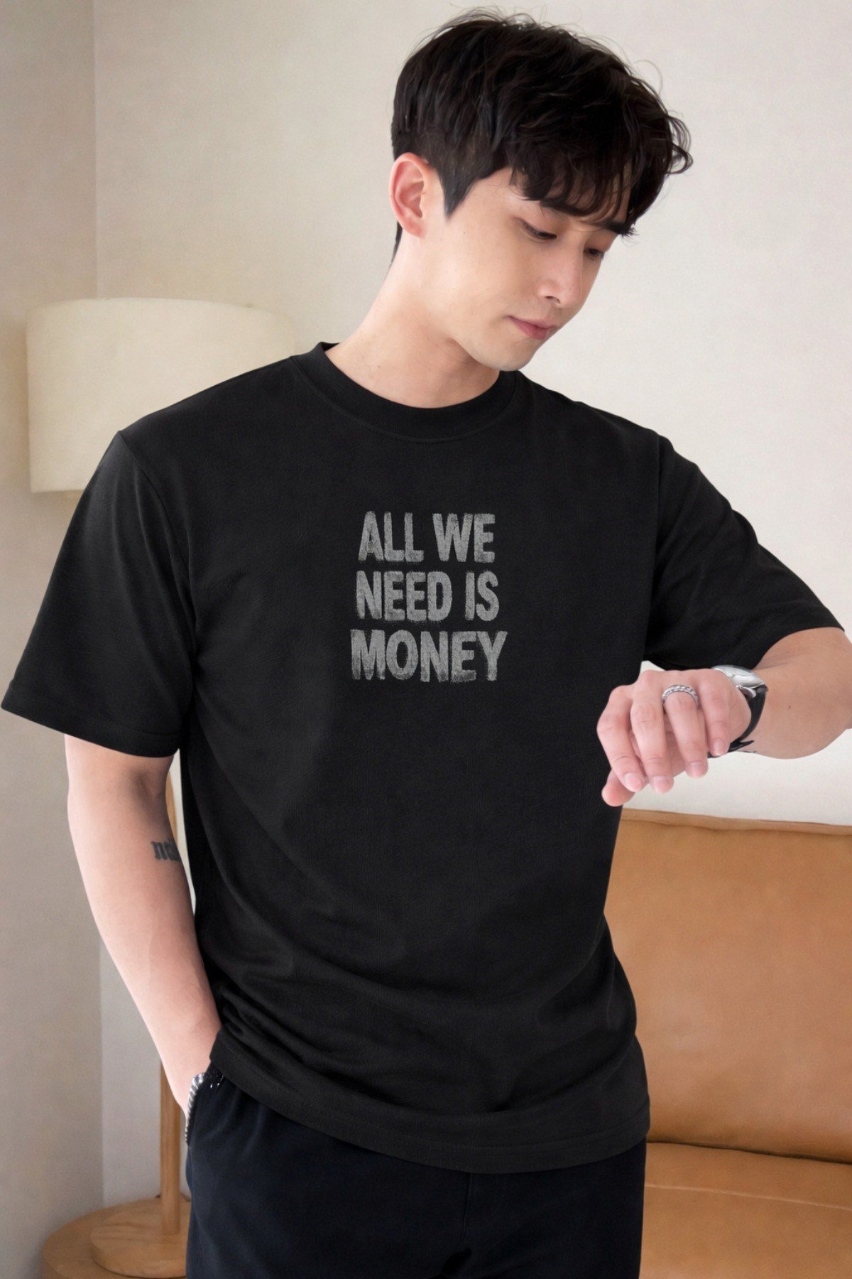 Tarz CoolT-shirtAWNM-OVR-001-LC-SErkek Oversize Tişört Baskılı “All We Need Is Money” Yazılı Basic Streetwear T-Shirt