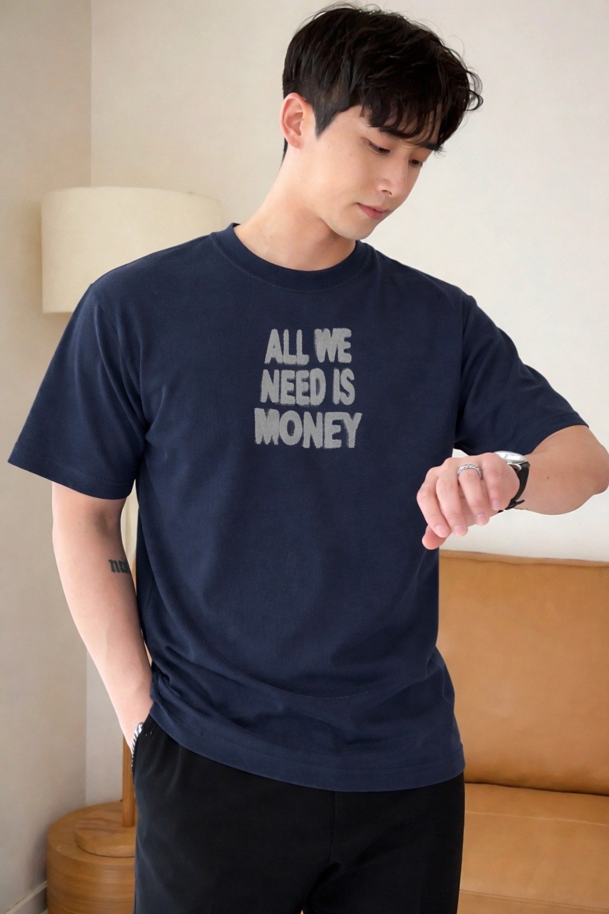 Tarz CoolT-shirtAWNM-OVR-001-LC-SErkek Oversize Tişört Baskılı “All We Need Is Money” Yazılı Basic Streetwear T-Shirt