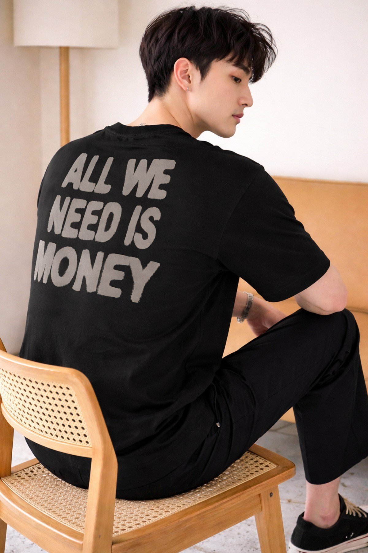Tarz CoolT-shirtAWNM-OVR-001-LC-SErkek Oversize Tişört Baskılı “All We Need Is Money” Yazılı Basic Streetwear T-Shirt