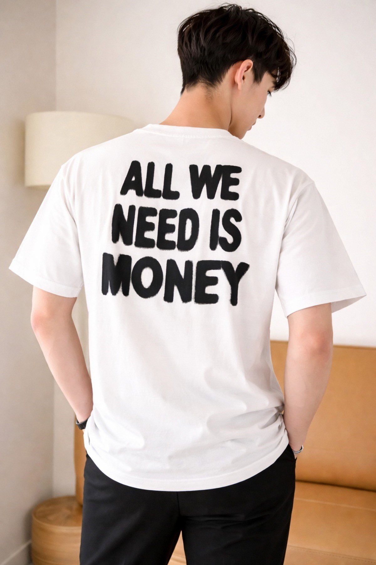 Tarz CoolT-shirtAWNM-OVR-001-LC-SErkek Oversize Tişört Baskılı “All We Need Is Money” Yazılı Basic Streetwear T-Shirt