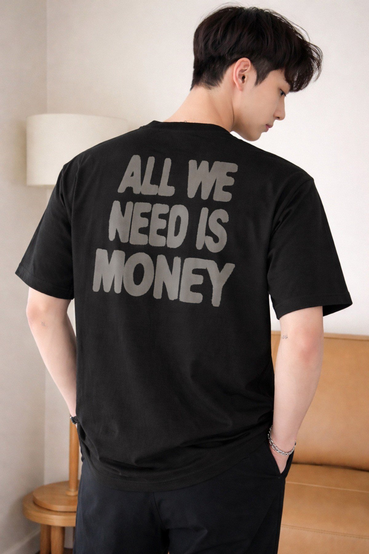 Tarz CoolT-shirtAWNM-OVR-001-LC-SErkek Oversize Tişört Baskılı “All We Need Is Money” Yazılı Basic Streetwear T-Shirt