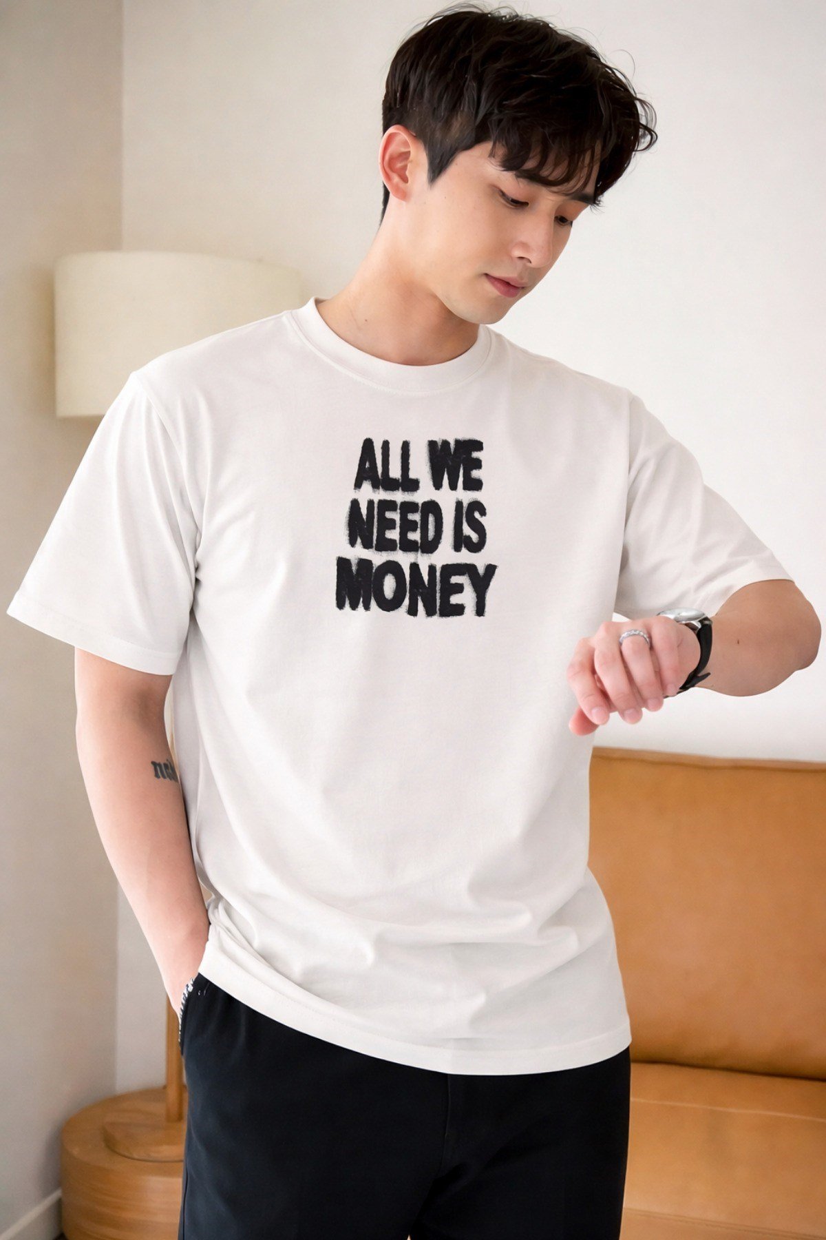 Tarz CoolT-shirtAWNM-OVR-001-LC-SErkek Oversize Tişört Baskılı “All We Need Is Money” Yazılı Basic Streetwear T-Shirt