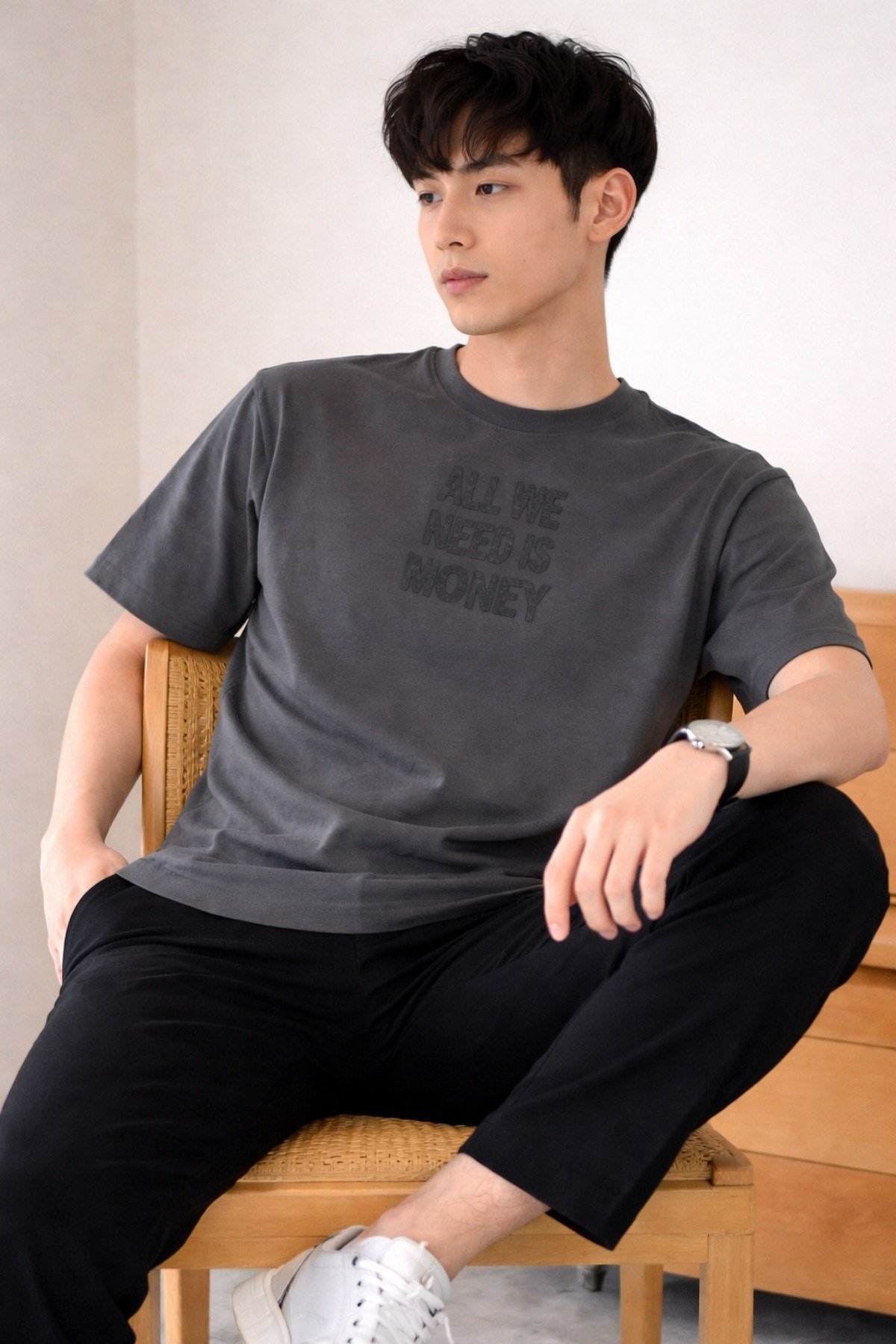 Tarz CoolT-shirtAWNM-OVR-001-LC-SErkek Oversize Tişört Baskılı “All We Need Is Money” Yazılı Basic Streetwear T-Shirt