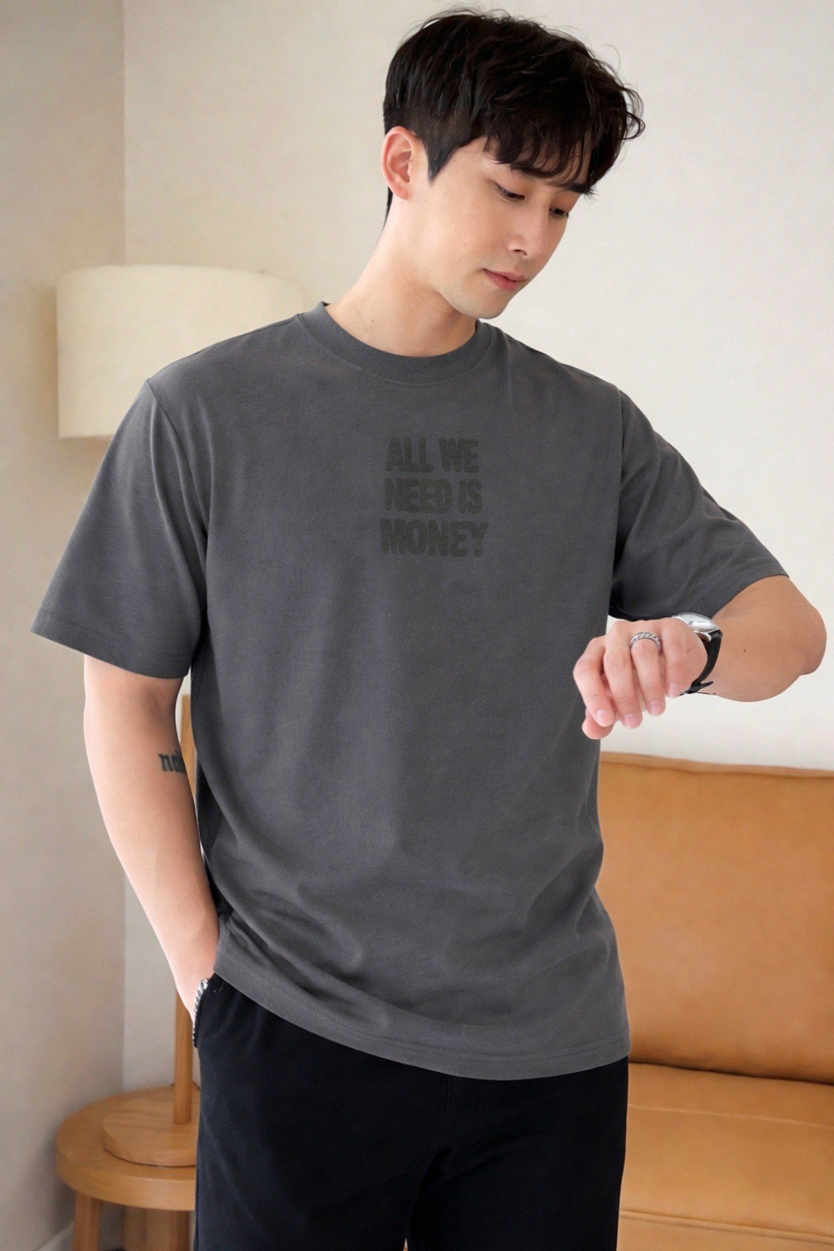 Tarz CoolT-shirtAWNM-OVR-001-LC-SErkek Oversize Tişört Baskılı “All We Need Is Money” Yazılı Basic Streetwear T-Shirt