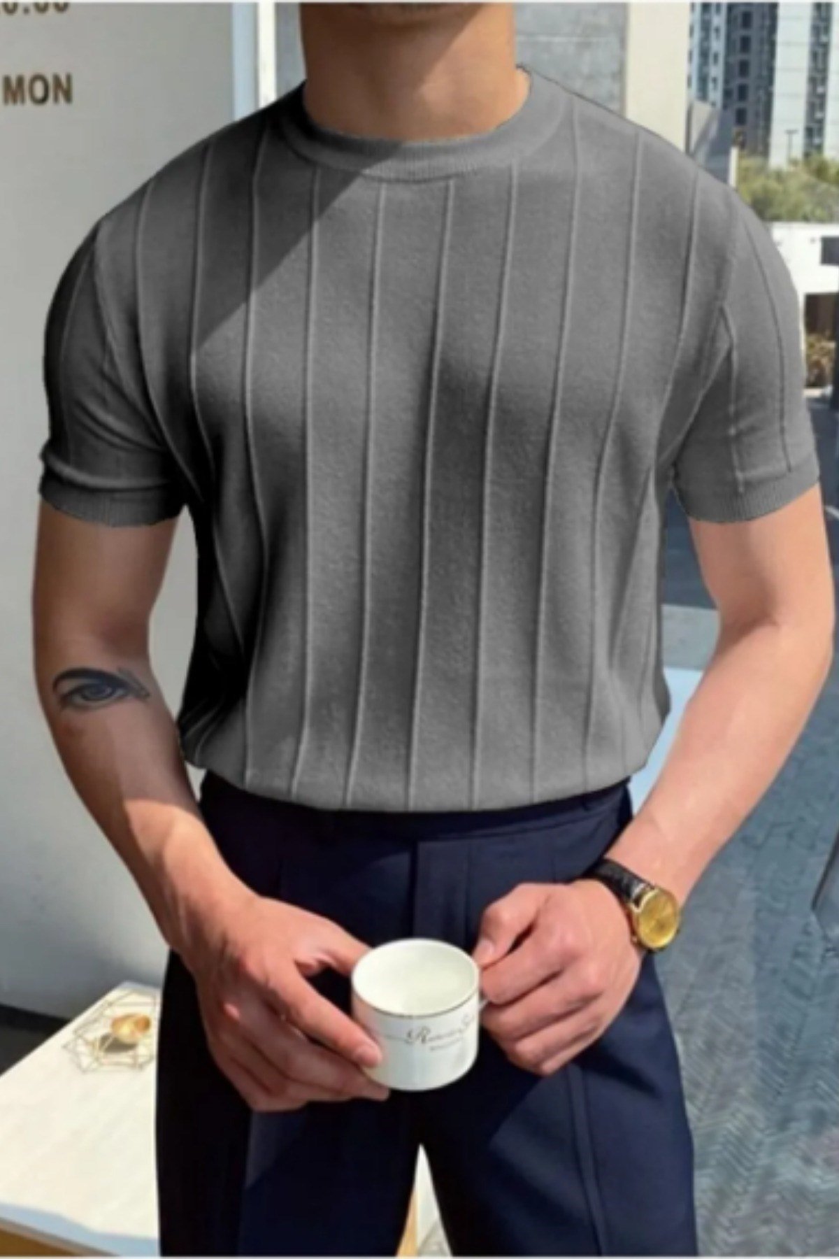 Tarz CoolT-shirtCCS1906R03Erkek Slim Dar Bisiklet Yaka Düz Triko T-Shirt