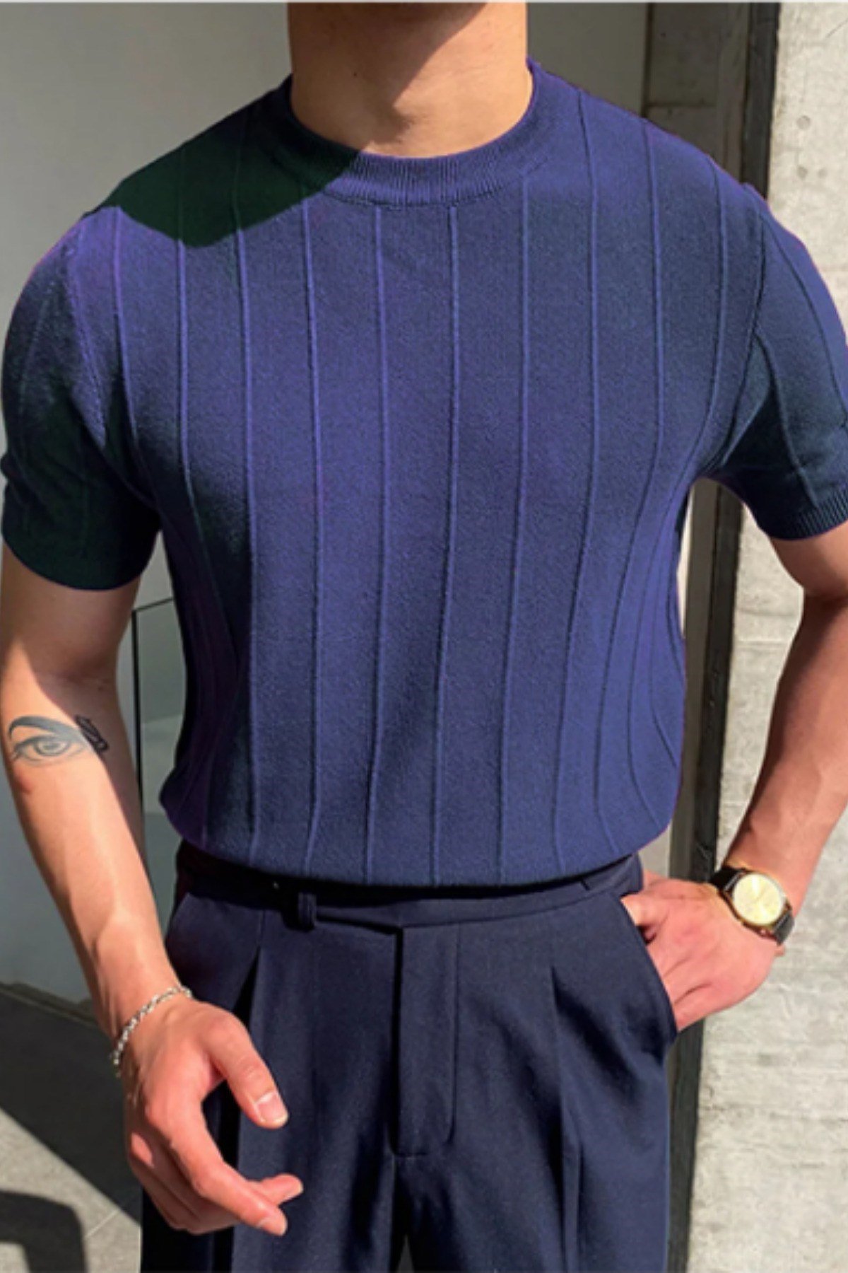 Tarz CoolT-shirtCCS1906R03Erkek Slim Dar Bisiklet Yaka Düz Triko T-Shirt
