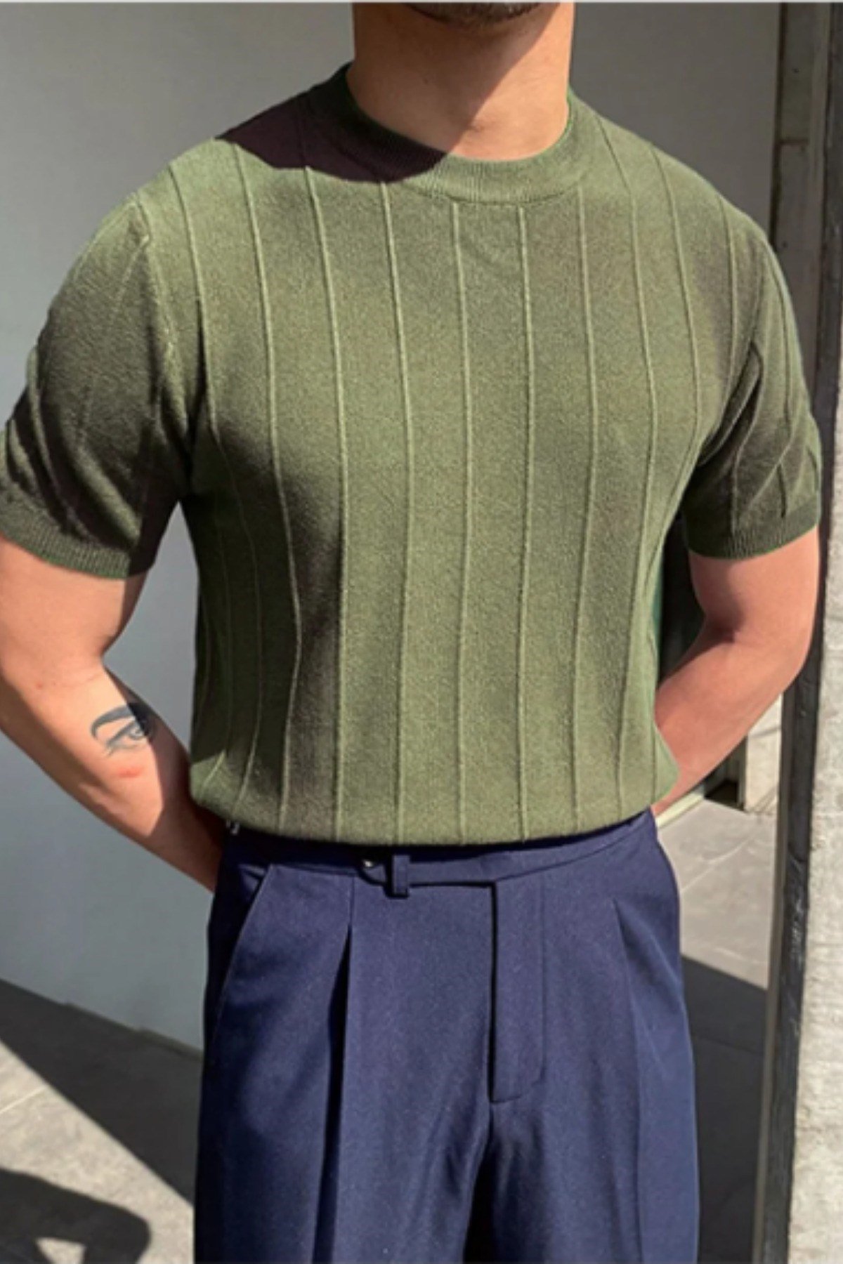Tarz CoolT-shirtCCS1906R03Erkek Slim Dar Bisiklet Yaka Düz Triko T-Shirt