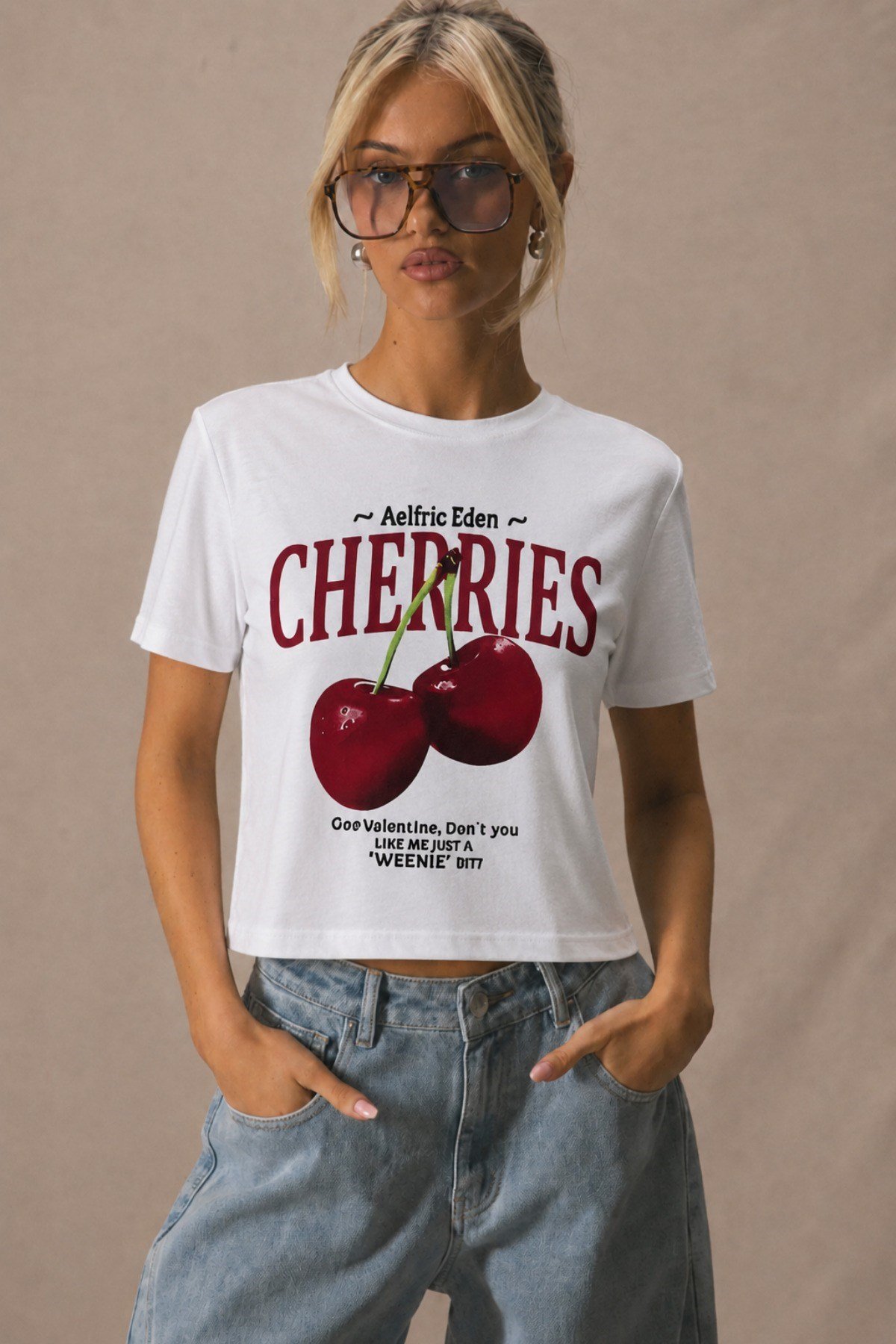 Tarz CoolT-shirtCHRY-1001-Beyaz-MKadın Cherry Baskılı Crop Tişört Relax Kalıp Bisiklet Yaka %100 Pamuk Süprem Kısa Kollu T-Shirt