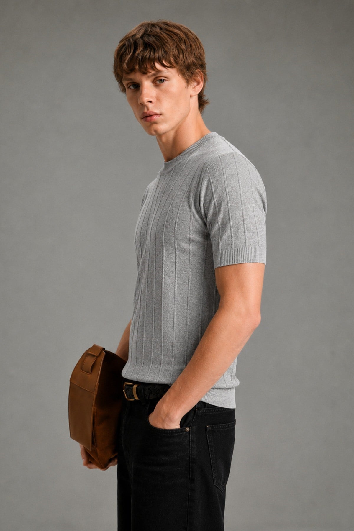 Tarz CoolT-shirtCTT1906-Gri-MErkek Çizgili Triko Tişört Bisiklet Yaka Slim Fit Kısa Kollu