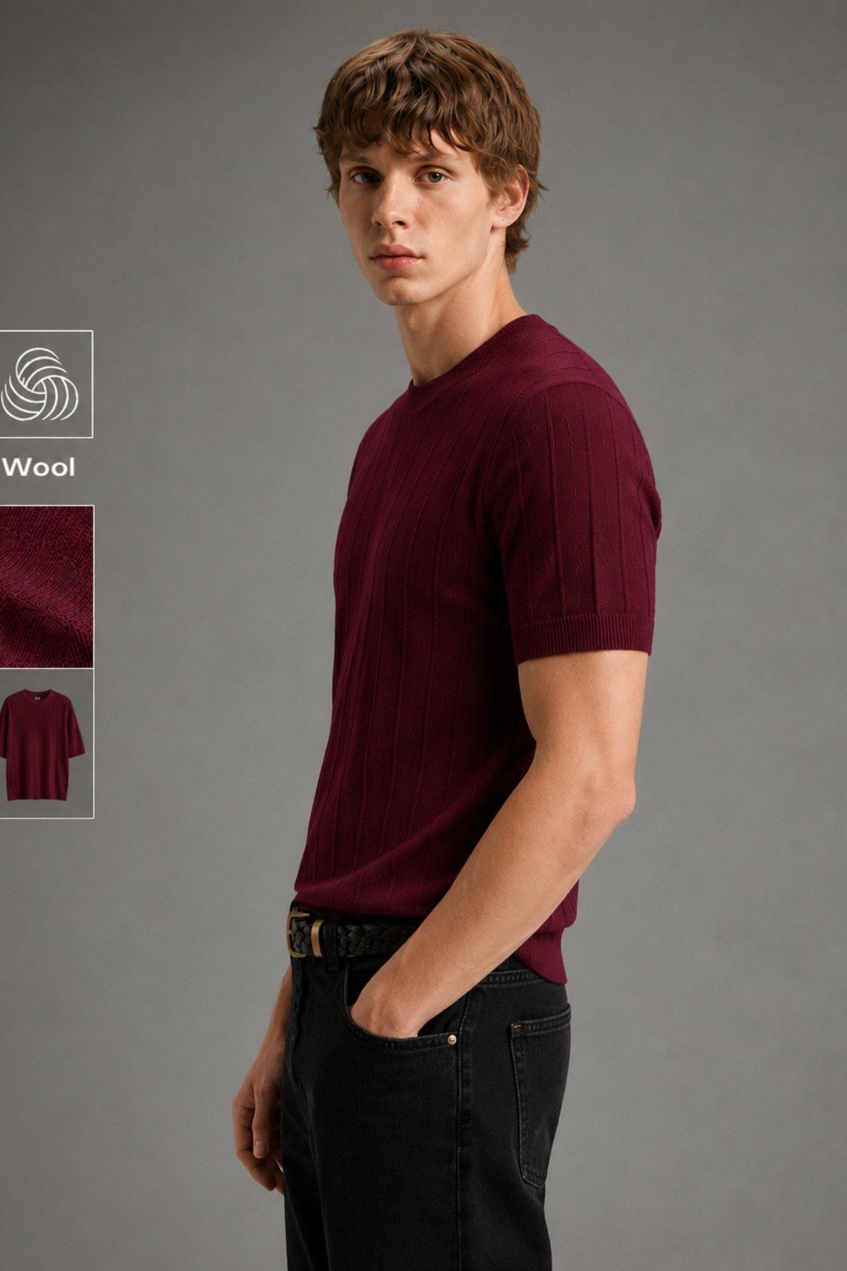 Tarz CoolT-shirtCTT1906-Gri-MErkek Çizgili Triko Tişört Bisiklet Yaka Slim Fit Kısa Kollu