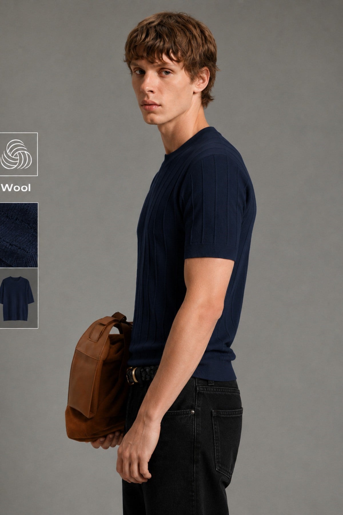 Tarz CoolT-shirtCTT1906-Gri-MErkek Çizgili Triko Tişört Bisiklet Yaka Slim Fit Kısa Kollu