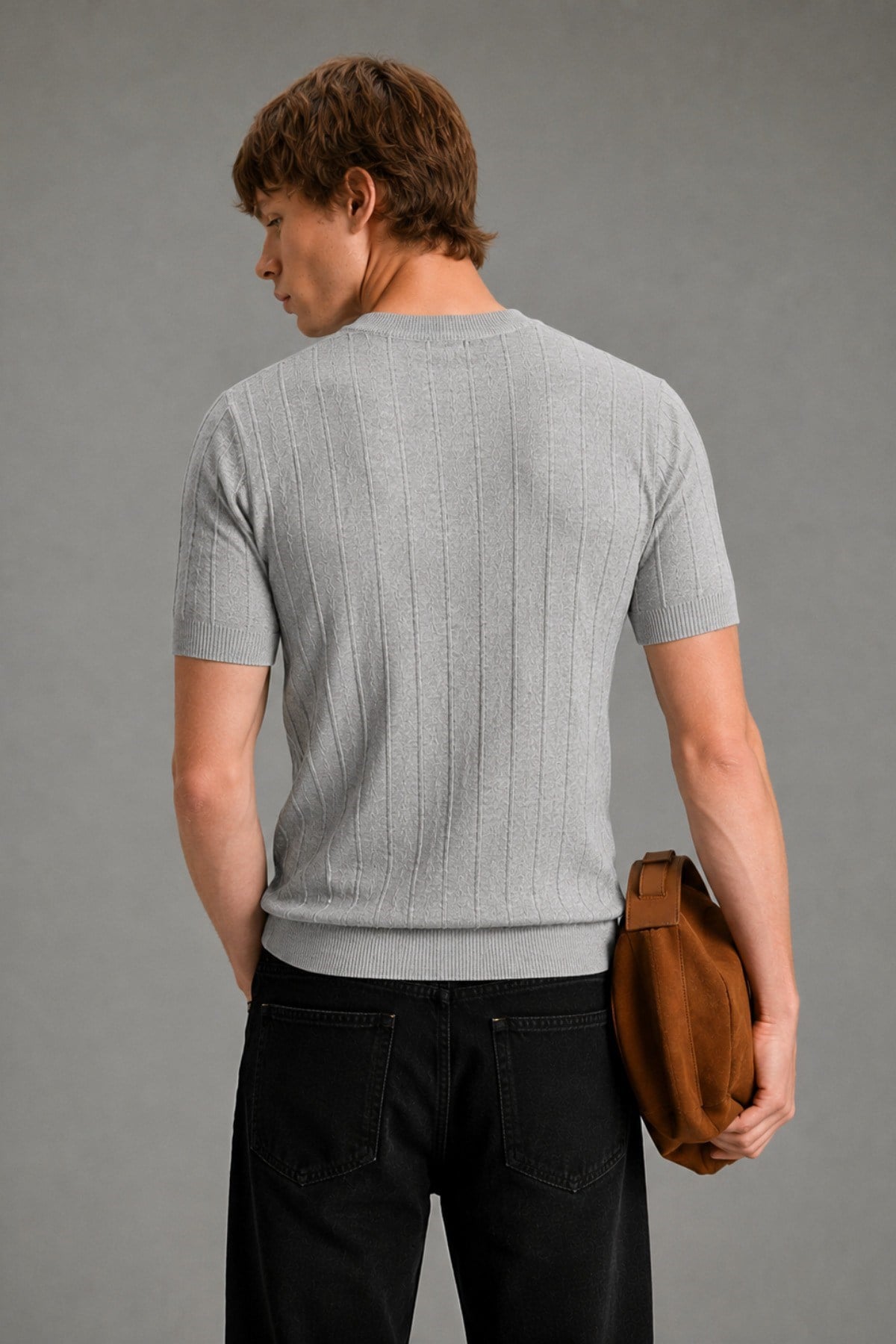 Tarz CoolT-shirtCTT1906-Gri-MErkek Çizgili Triko Tişört Bisiklet Yaka Slim Fit Kısa Kollu