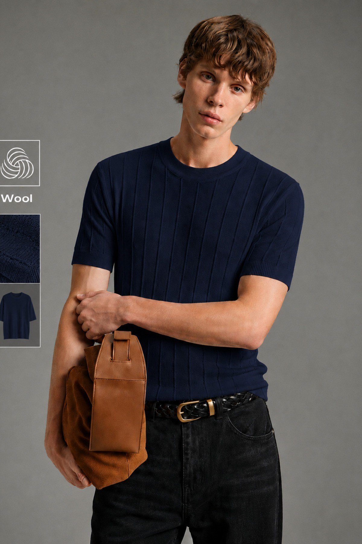 Tarz CoolT-shirtCTT1906-Gri-MErkek Çizgili Triko Tişört Bisiklet Yaka Slim Fit Kısa Kollu
