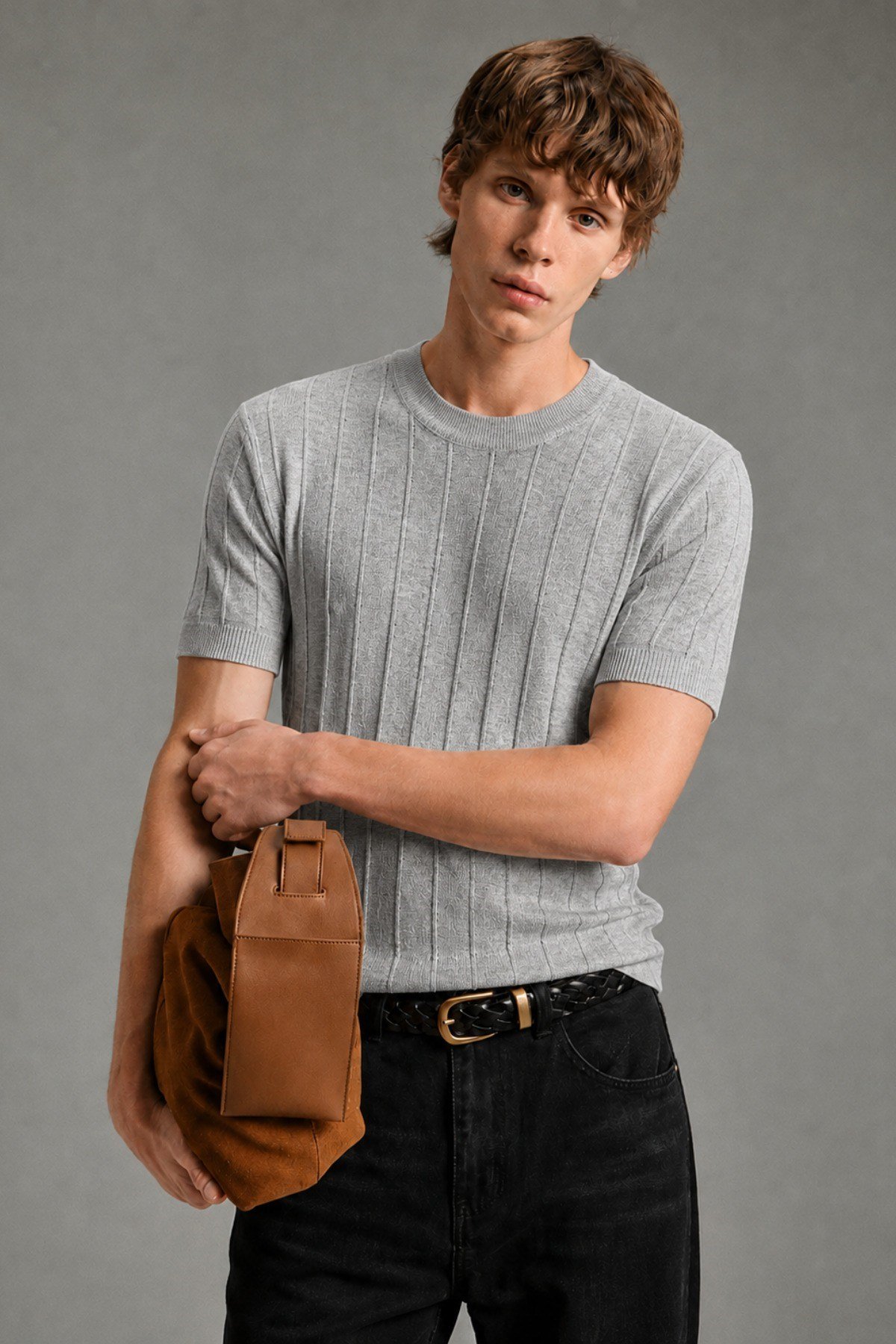 Tarz CoolT-shirtCTT1906-Gri-MErkek Çizgili Triko Tişört Bisiklet Yaka Slim Fit Kısa Kollu
