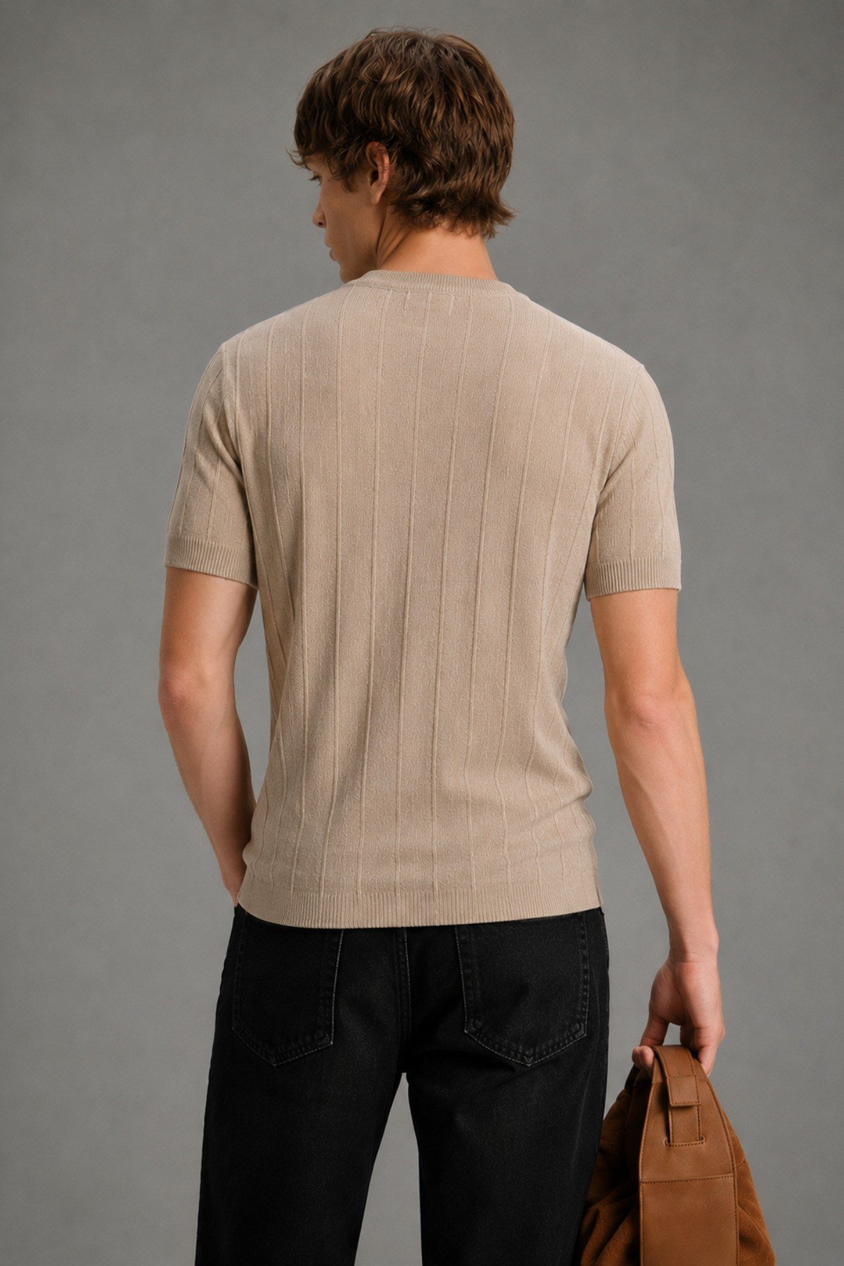 Tarz CoolT-shirtCTT1906-Gri-MErkek Çizgili Triko Tişört Bisiklet Yaka Slim Fit Kısa Kollu