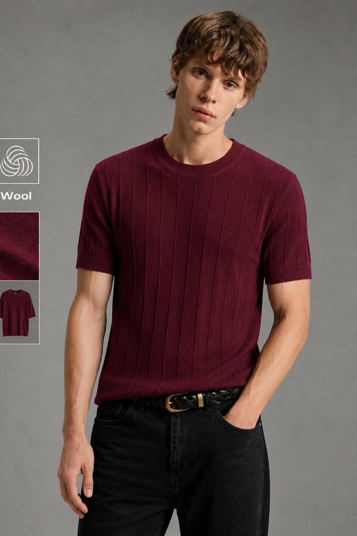 Tarz CoolT-shirtCTT1906-Gri-MErkek Çizgili Triko Tişört Bisiklet Yaka Slim Fit Kısa Kollu