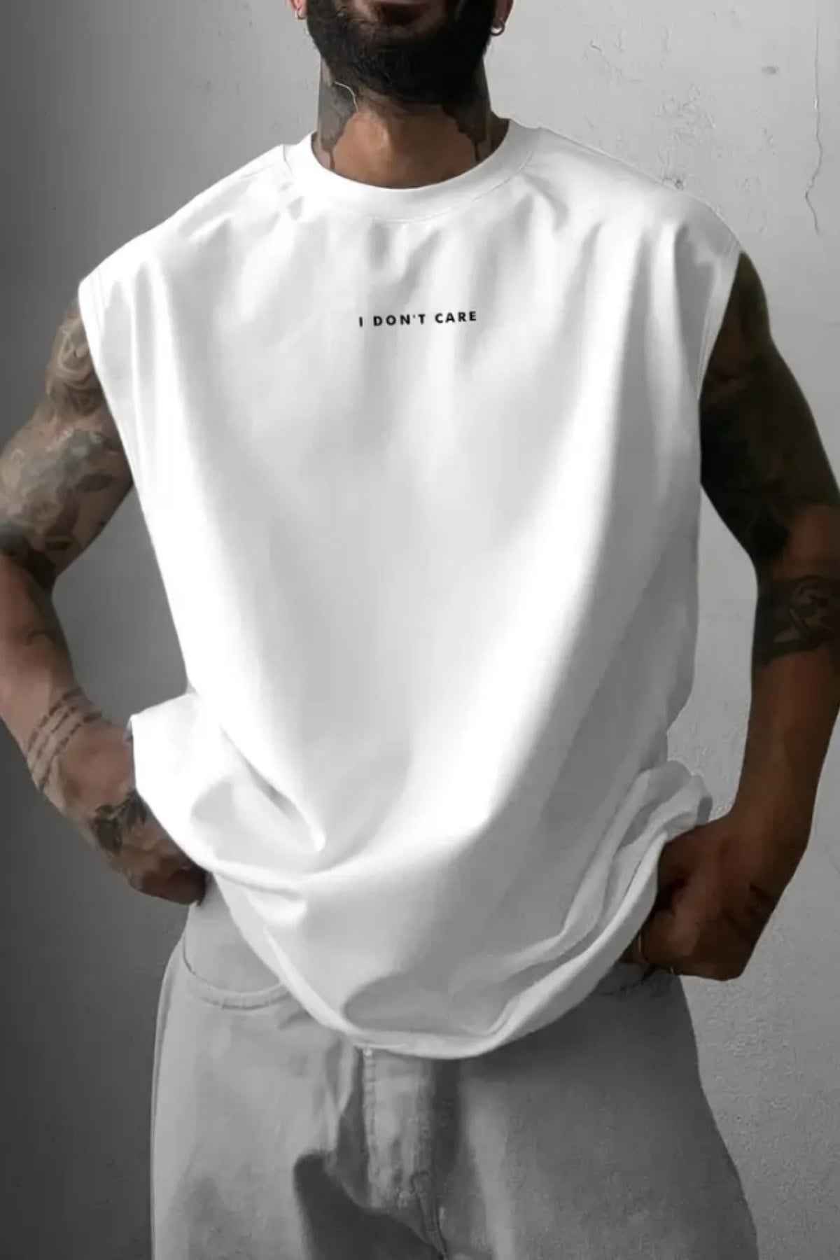 Tarz CoolT-shirtDNTCRAT025-M4-R70I Don't Care Baskılı Kolsuz Atlet tshirt Erkek Sıfır Kol Oversize T-SHİRT