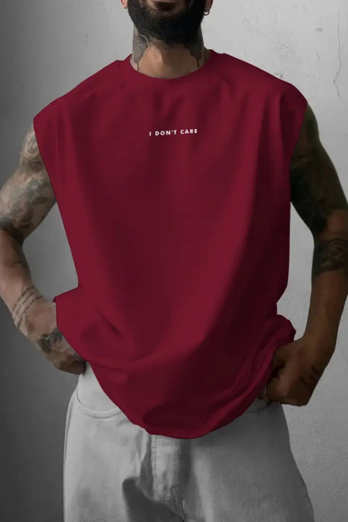 Tarz CoolT-shirtDNTCRAT025-M4-R70I Don't Care Baskılı Kolsuz Atlet tshirt Erkek Sıfır Kol Oversize T-SHİRT