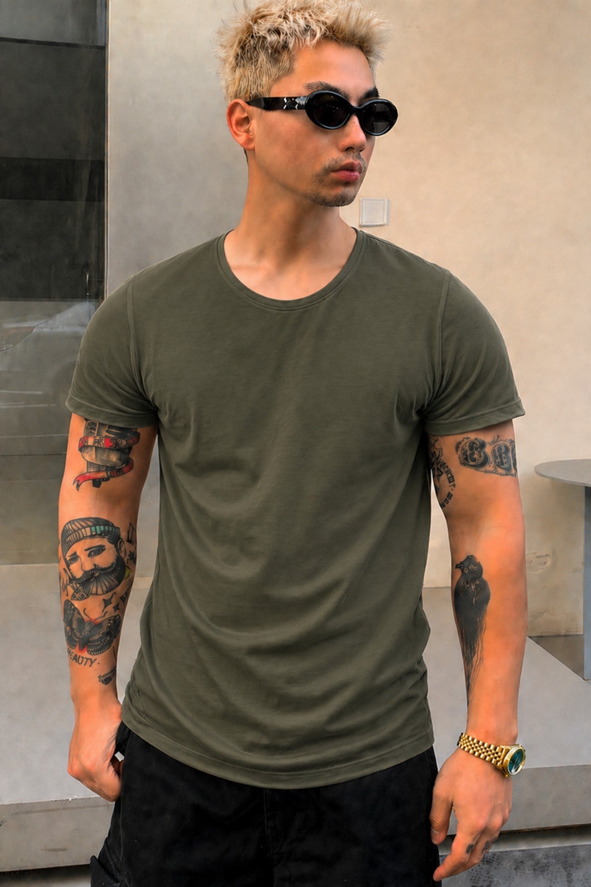 Tarz CoolT-shirtERK-TCPS-026-Antrasit-XLErkek Oval Etek Geniş Yaka %100 Pamuk Kısa Kollu Tişört