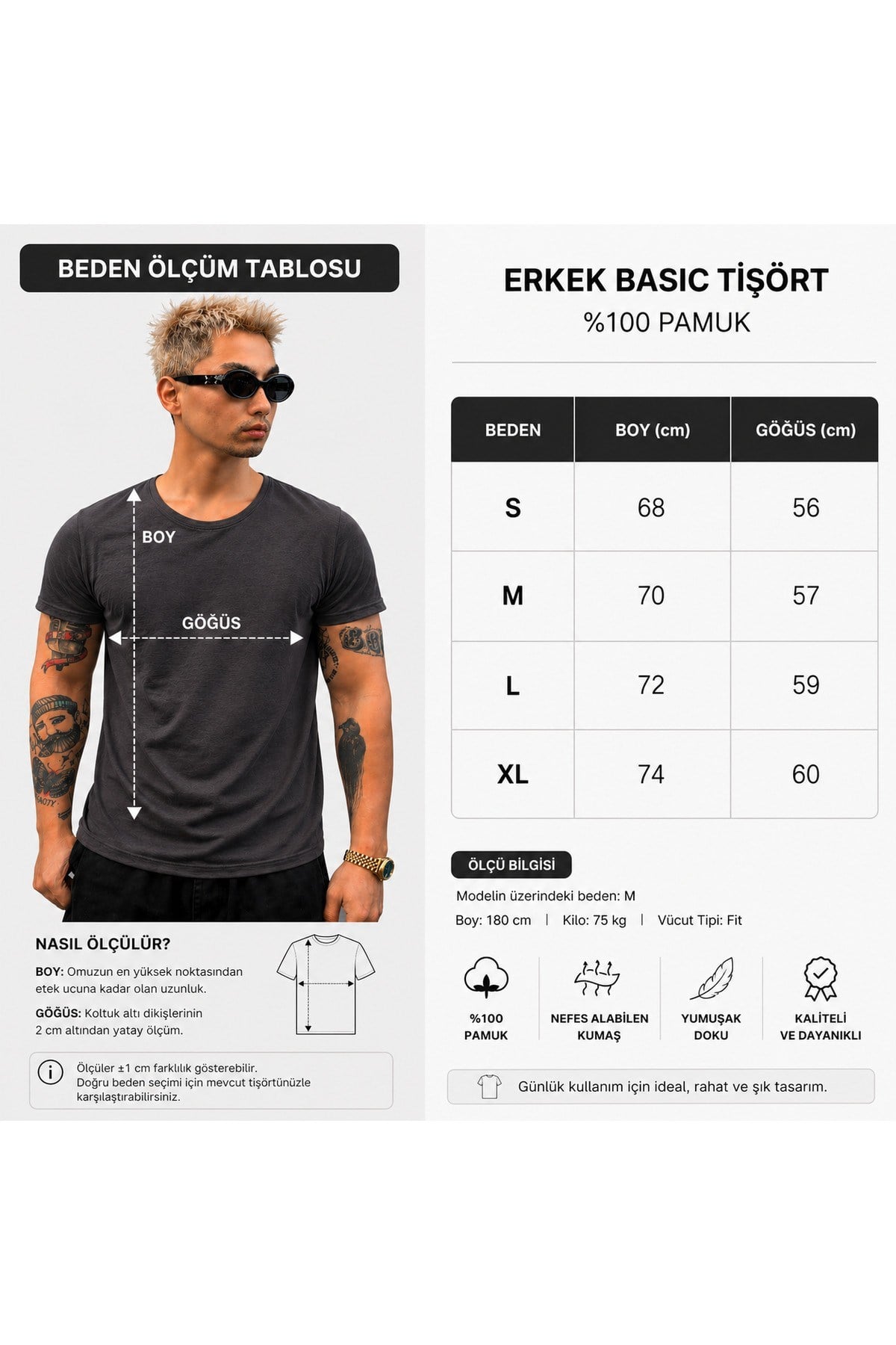 Tarz CoolT-shirtERK-TCPS-026-Antrasit-XLErkek Oval Etek Geniş Yaka %100 Pamuk Kısa Kollu Tişört