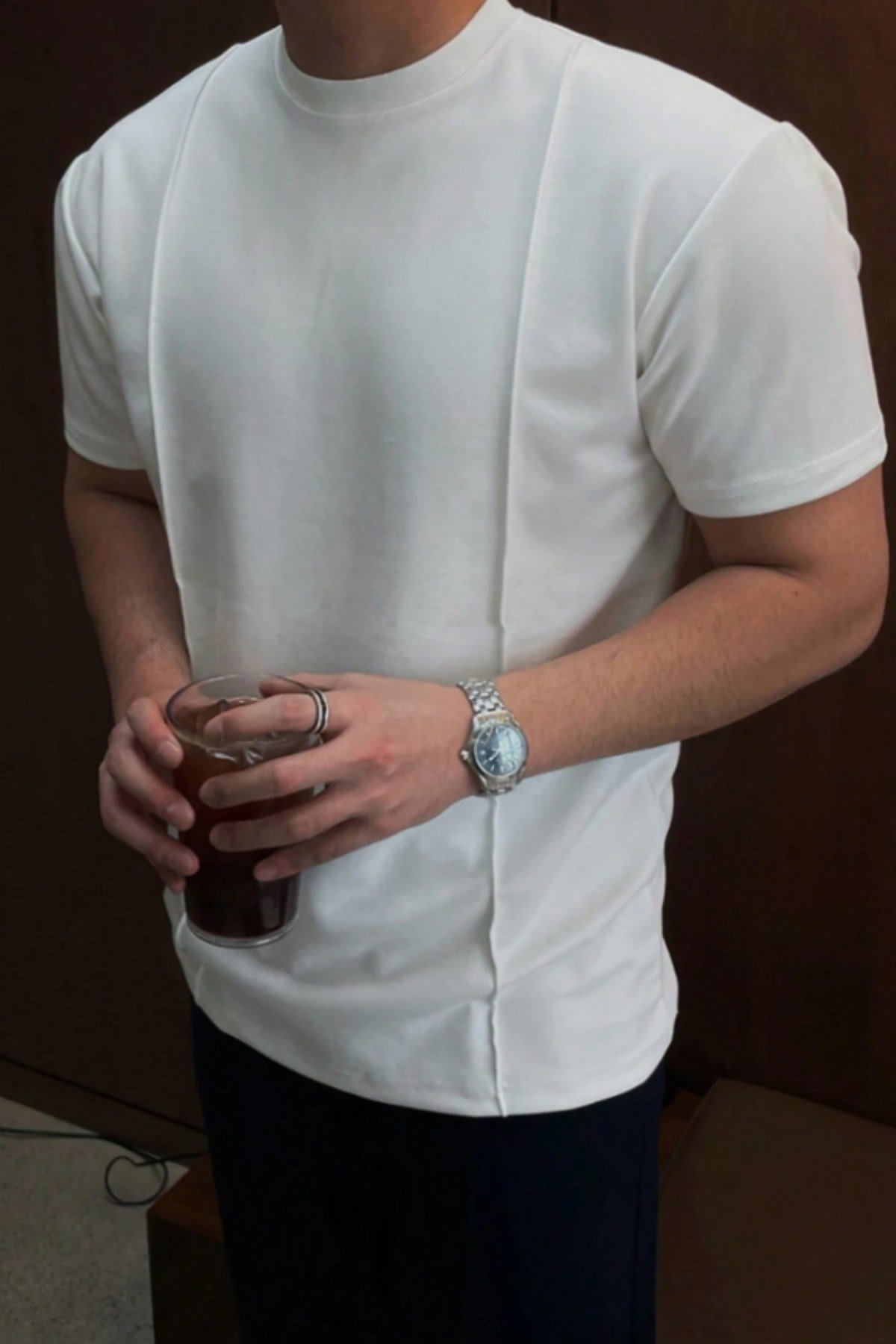 Tarz CoolT-shirtERKCMTS026-BY-MErkek Çizgi Detaylı Slim Fit Tişört Bisiklet Yaka Casual Pamuklu T-shirt