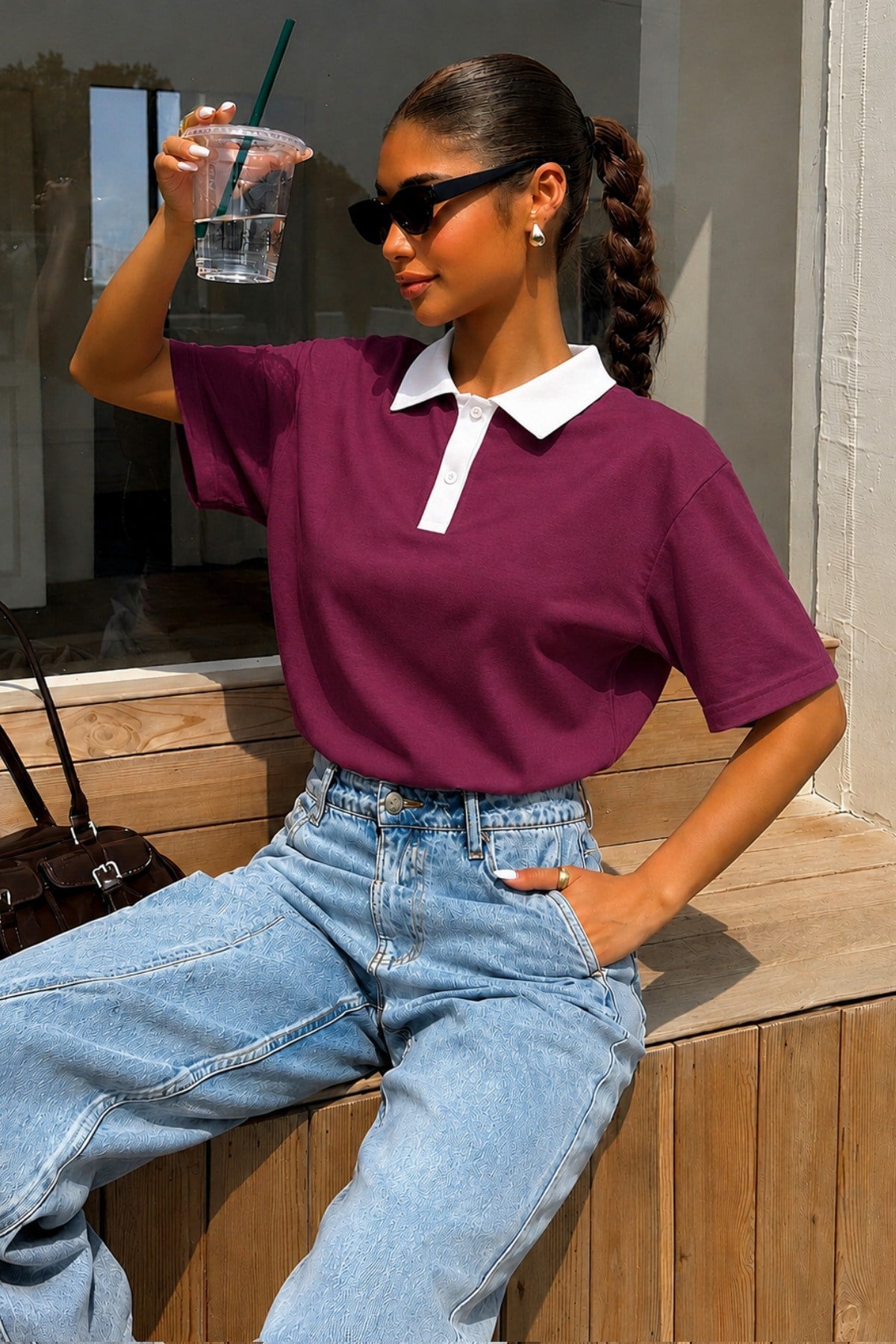 Tarz CoolT-shirtİVVİPLTŞ-001-BRD-LKadın Polo Yaka Tişört Regular Fit Kısa Kollu Günlük Basic Tişört