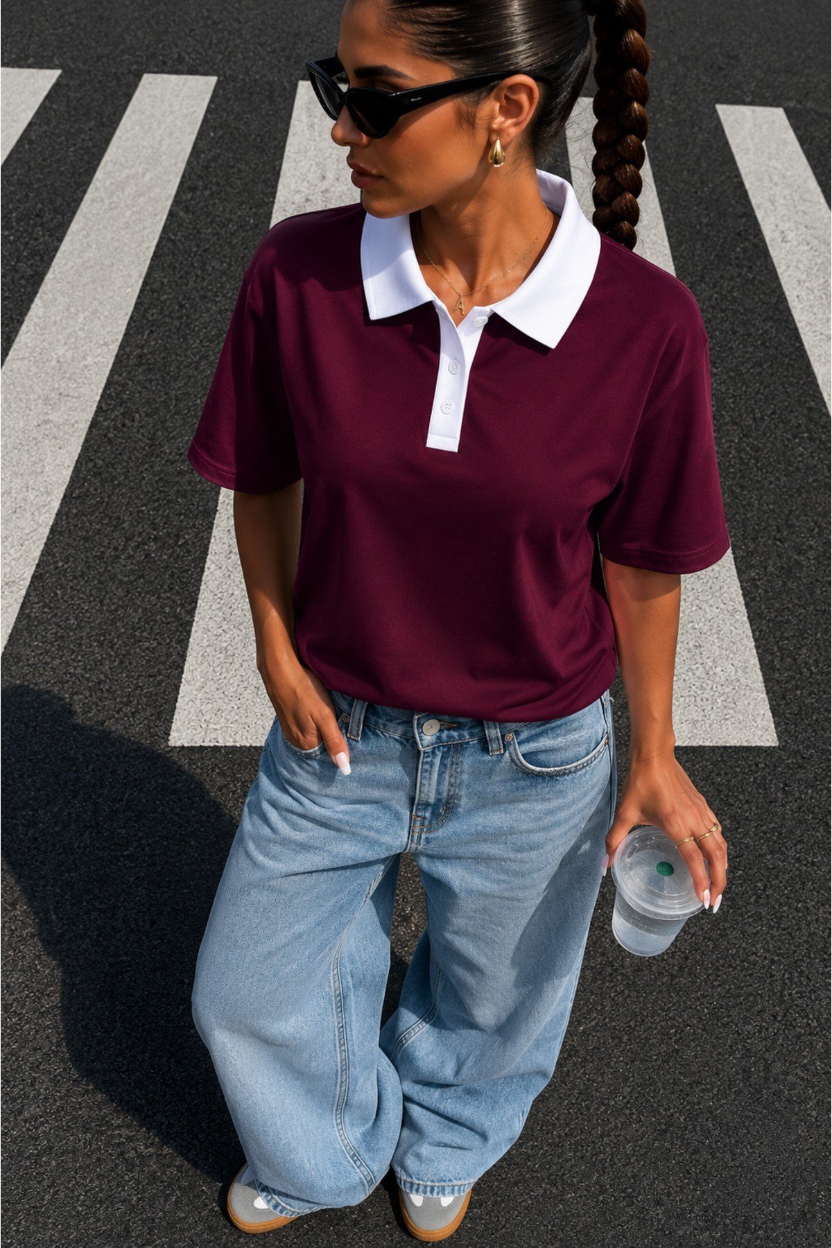 Tarz CoolT-shirtİVVİPLTŞ-001-BRD-LKadın Polo Yaka Tişört Regular Fit Kısa Kollu Günlük Basic Tişört
