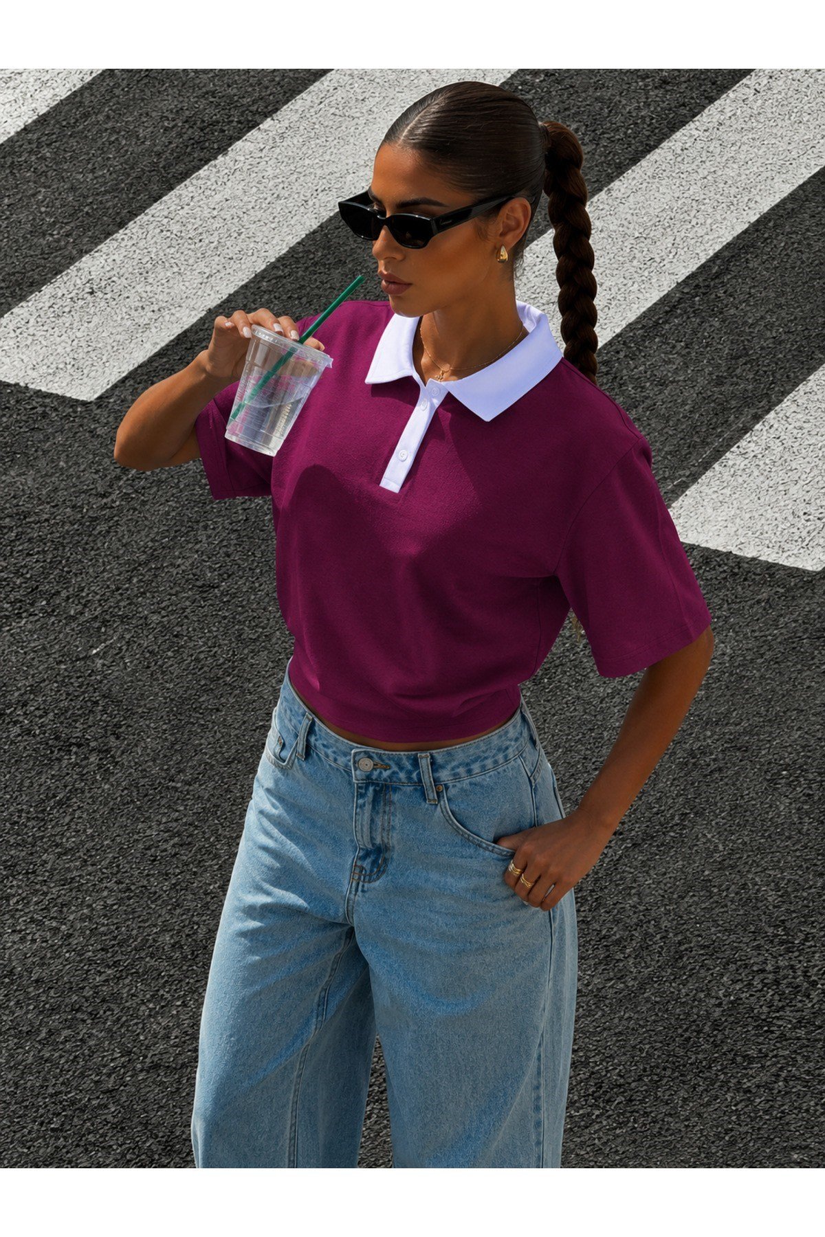 Tarz CoolT-shirtİVVİPLTŞ-001-BRD-LKadın Polo Yaka Tişört Regular Fit Kısa Kollu Günlük Basic Tişört
