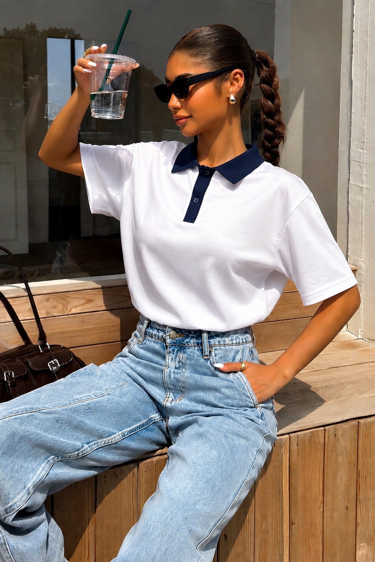 Tarz CoolT-shirtİVVİPLTŞ-001-BRD-LKadın Polo Yaka Tişört Regular Fit Kısa Kollu Günlük Basic Tişört