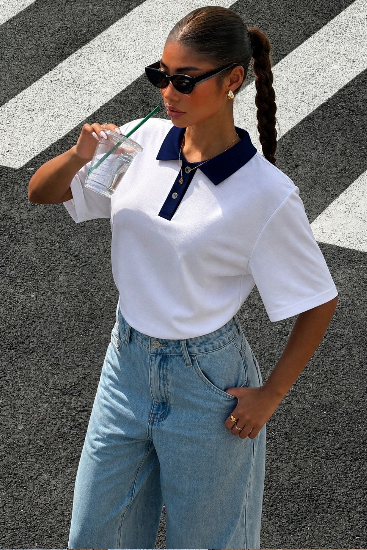Tarz CoolT-shirtİVVİPLTŞ-001-BRD-LKadın Polo Yaka Tişört Regular Fit Kısa Kollu Günlük Basic Tişört