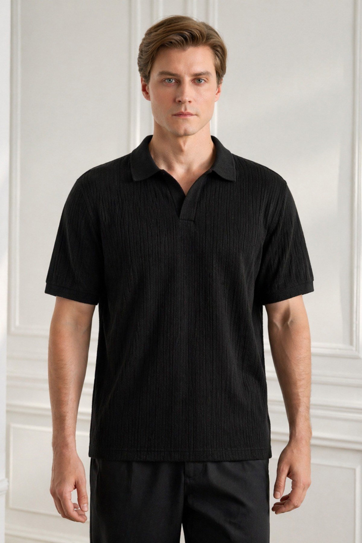 Tarz CoolT-shirtJKR-PL-001-Siyah-XLErkek Jakar Desenli Düğmesiz Polo Yaka Tişört Slim Fit Yazlık Triko Tişört