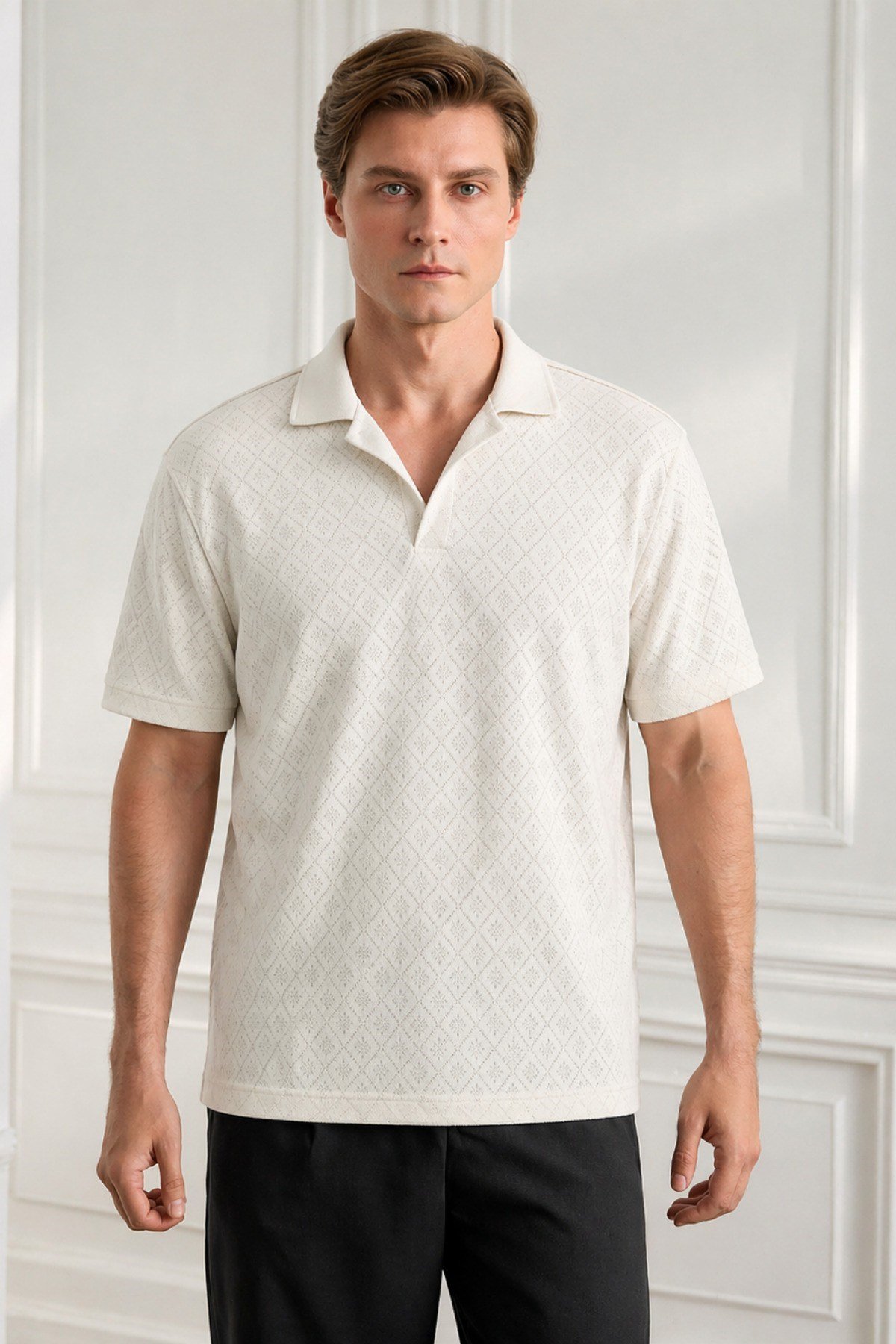 Tarz CoolT-shirtJKR-PL-001-Siyah-XLErkek Jakar Desenli Düğmesiz Polo Yaka Tişört Slim Fit Yazlık Triko Tişört