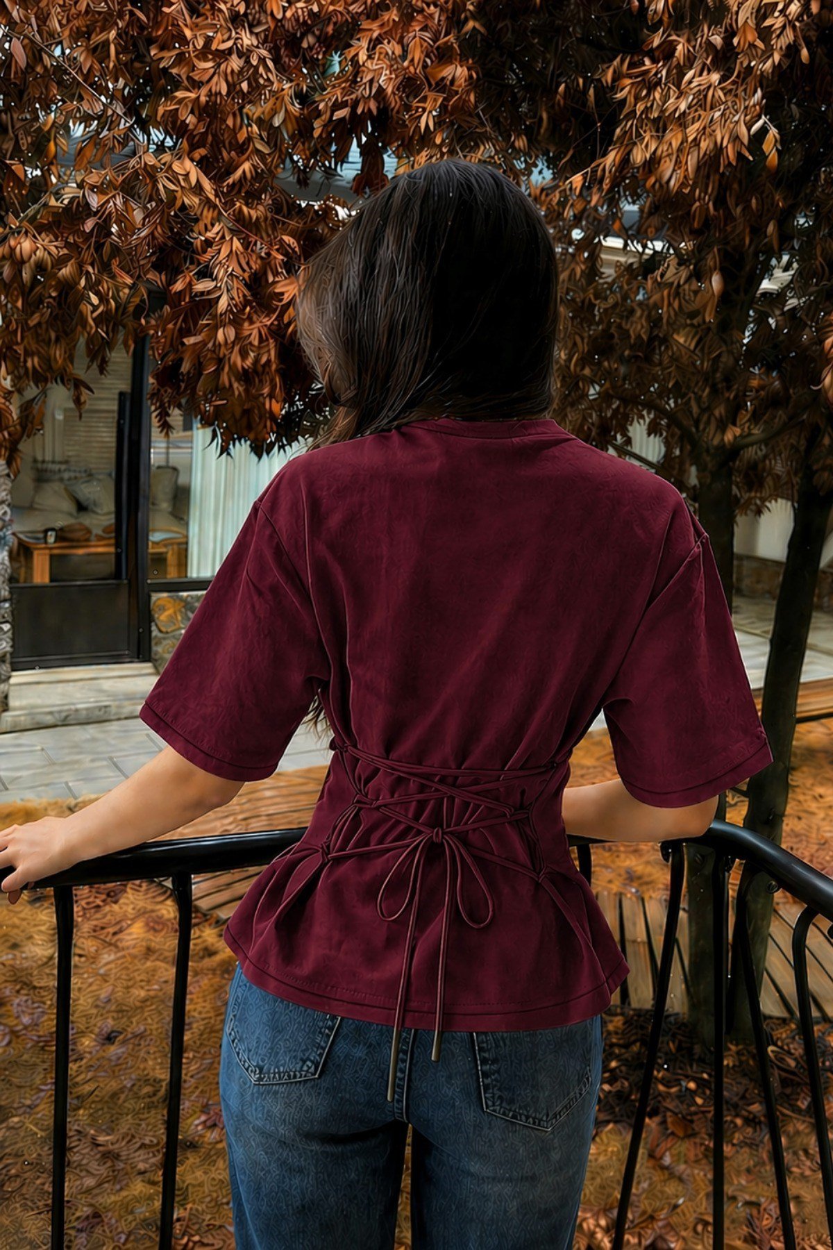 Tarz CoolT-shirtKDN-BĞCKTŞT-001-BYZ-MKadın Bağcıklı Basic Tişört – Belden Oturtmalı Şık ve Modern Tasarım