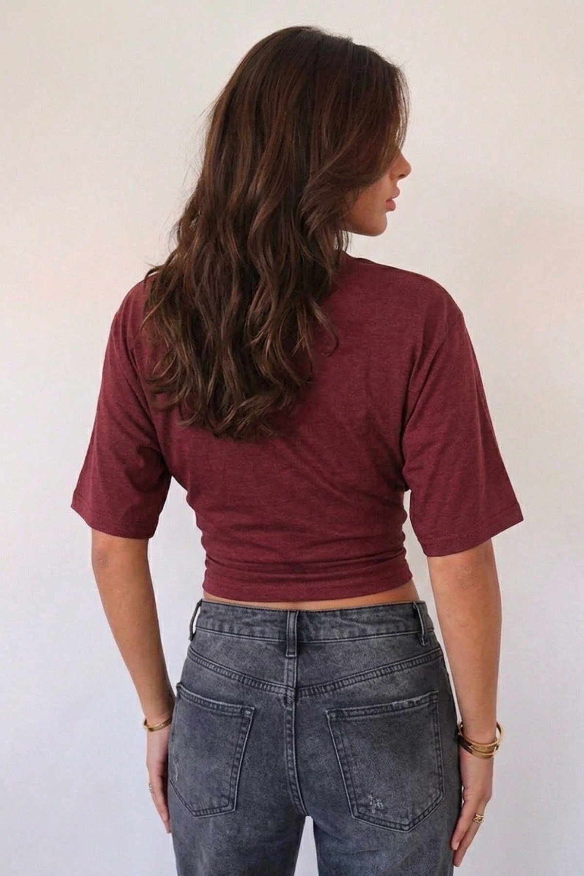 Tarz CoolT-shirtKDN-YRSKL026-Bordo-LKadın Yarasa Kol Belden Oturtmalı Crop Pamuklu Tişört