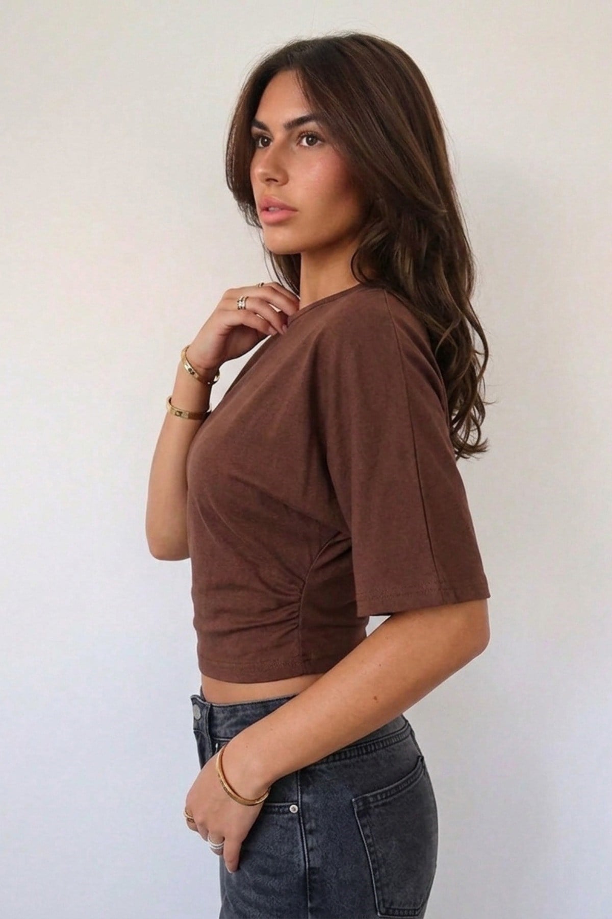 Tarz CoolT-shirtKDN-YRSKL026-Bordo-LKadın Yarasa Kol Belden Oturtmalı Crop Pamuklu Tişört