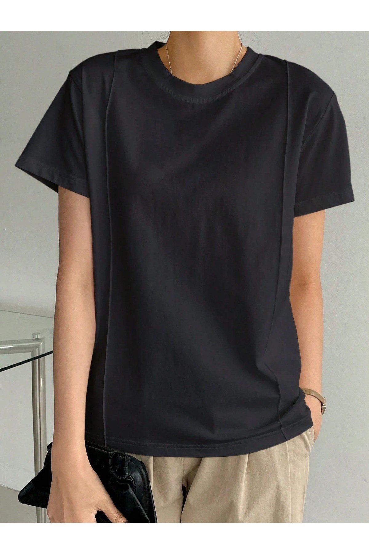 Tarz CoolT-shirtKDNBSK-ÇZG-001-SYH-LKadın Kısa Kollu Çizgi Detaylı Basic Tişört Süprem Kumaş Yazlık Rahat T-Shirt