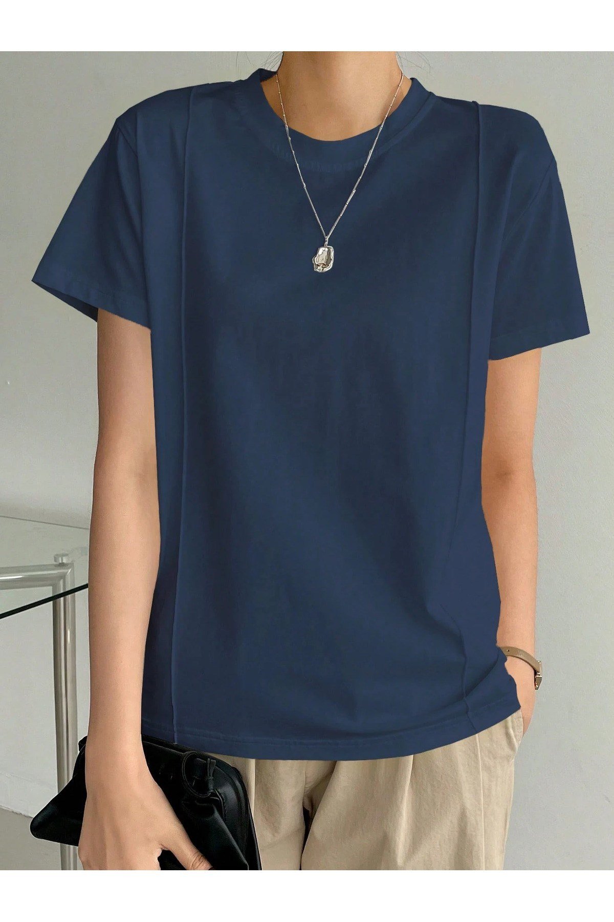 Tarz CoolT-shirtKDNBSK-ÇZG-001-SYH-LKadın Kısa Kollu Çizgi Detaylı Basic Tişört Süprem Kumaş Yazlık Rahat T-Shirt