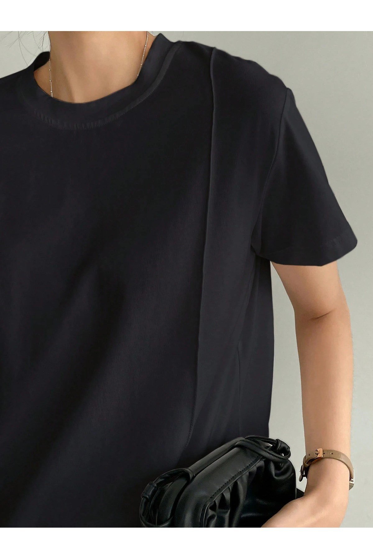 Tarz CoolT-shirtKDNBSK-ÇZG-001-SYH-LKadın Kısa Kollu Çizgi Detaylı Basic Tişört Süprem Kumaş Yazlık Rahat T-Shirt