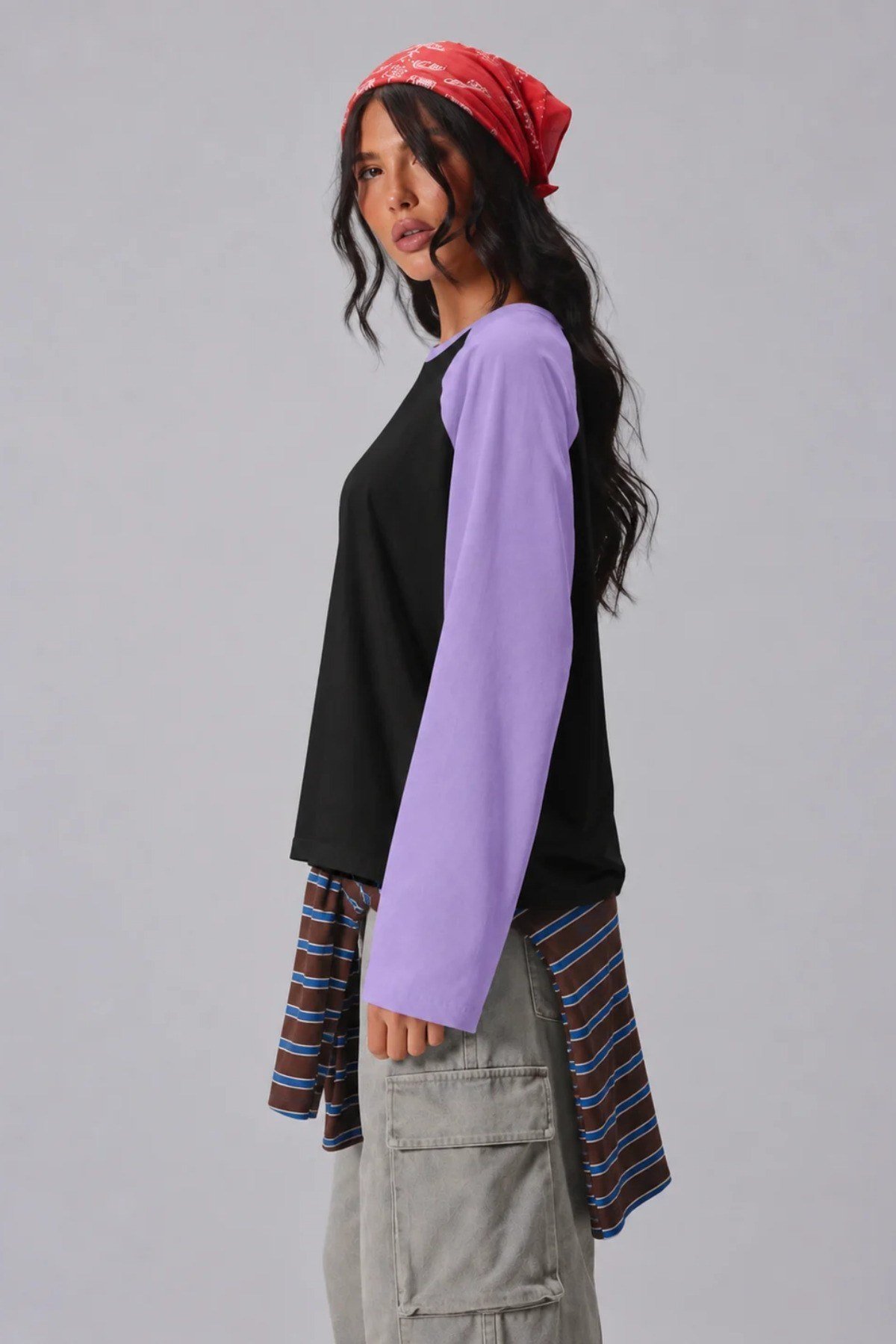 Tarz CoolT-shirtKDNRGLNKL026-Beyaz-Siyah-L/XLKadın Oversize Kontrast Kollu Raglan Bisiklet Yaka Düşük Omuzlu T-Shirt
