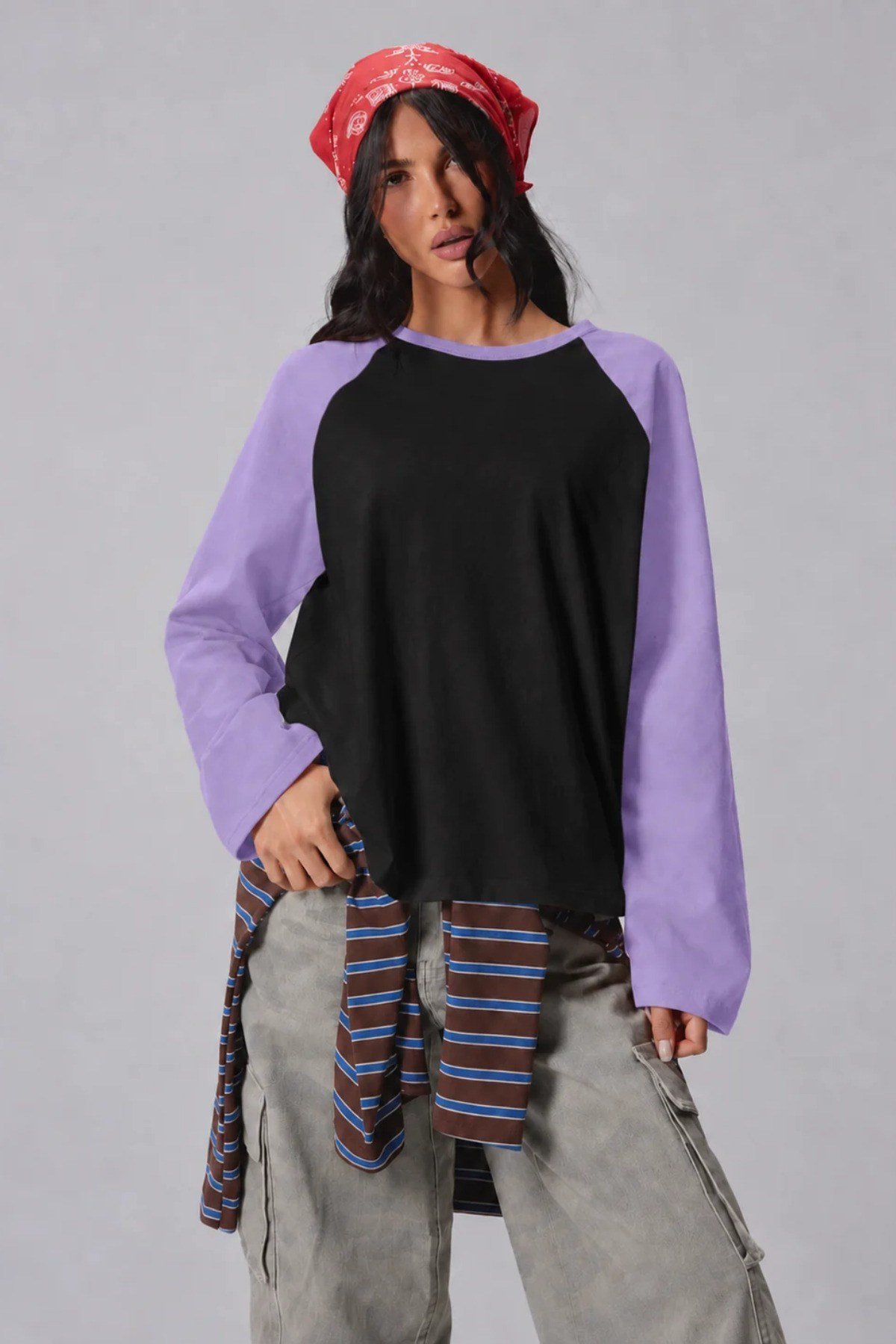 Tarz CoolT-shirtKDNRGLNKL026-Beyaz-Siyah-L/XLKadın Oversize Kontrast Kollu Raglan Bisiklet Yaka Düşük Omuzlu T-Shirt